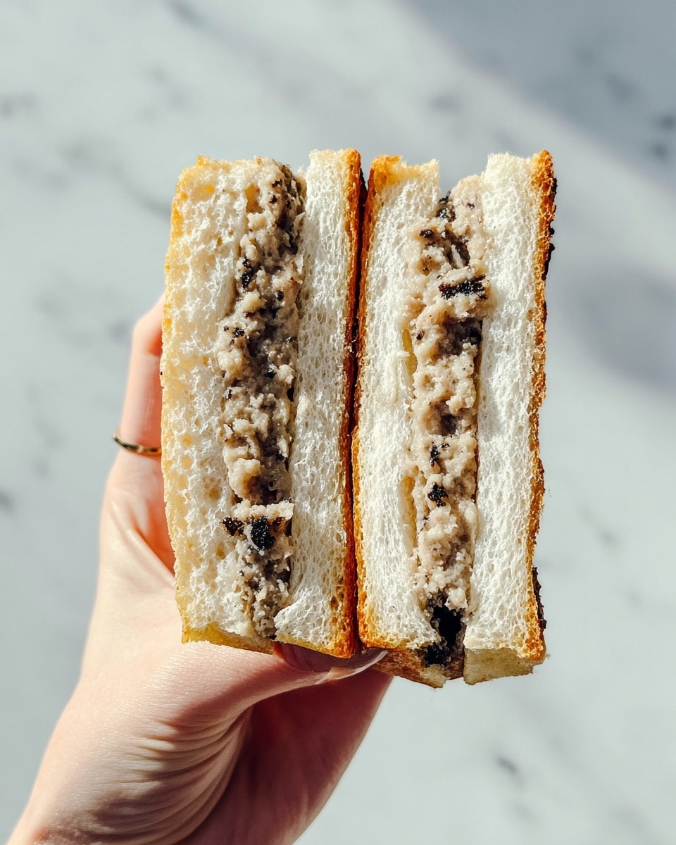 A woman's hand holds a sandwich cut in half vertically, showing two thick layers of soft, white bread with a golden, crispy crust. Between the bread layers is a textured filling with mixed light brown and black colors, looking moist and chunky with visible small black bits spread evenly. The background is a white marbled texture. photo taken with an iphone --ar 4:5 --v 7