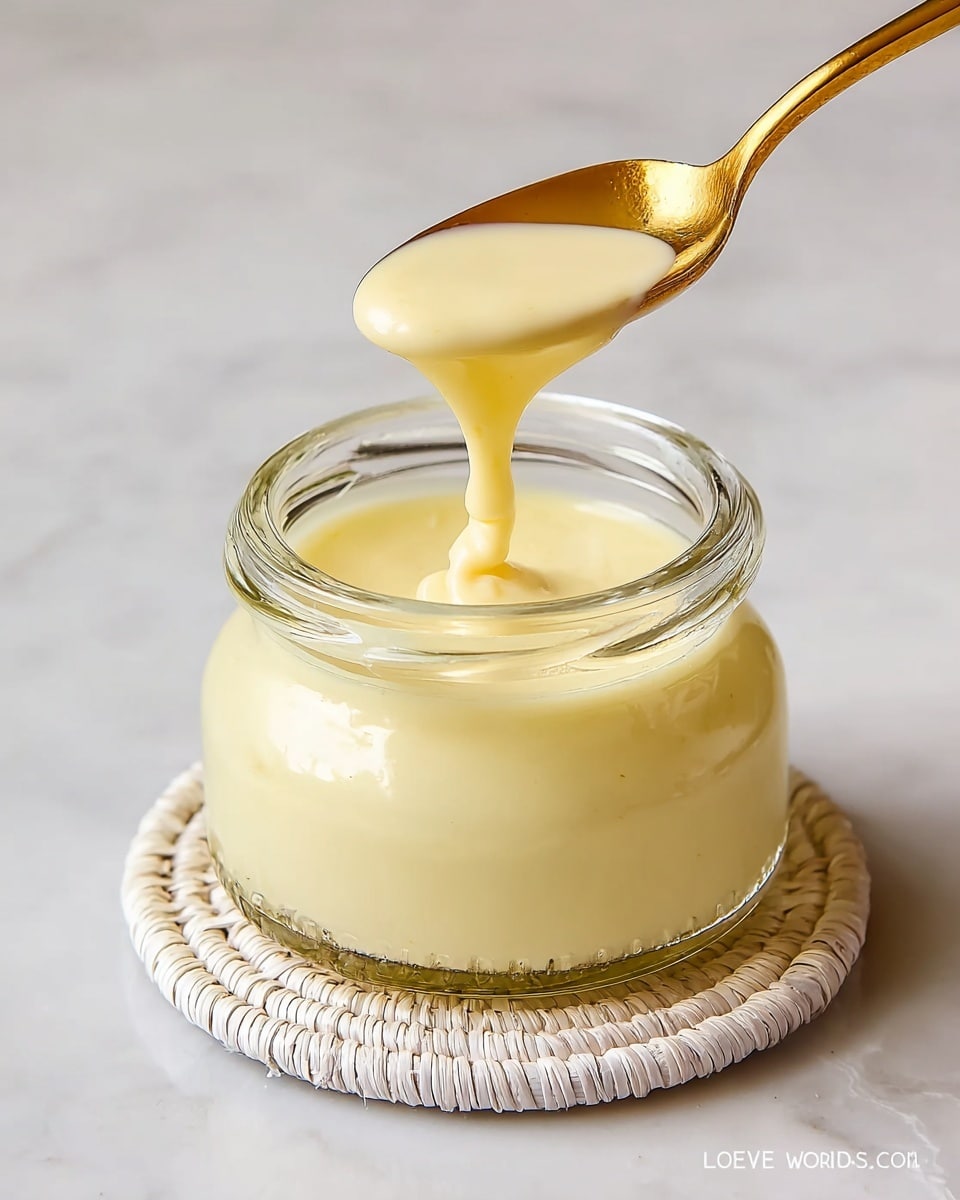 A small jar filled with smooth, creamy pale yellow sauce sits on a round beige woven coaster, placed on a white marbled surface. Above the jar, a golden spoon held by a woman's hand lifts out a thick stream of the sauce, showing its smooth, glossy texture as it slowly drips back into the jar. The jar has a clear glass body that reveals the even, soft consistency of the sauce inside. photo taken with an iphone --ar 4:5 --v 7
