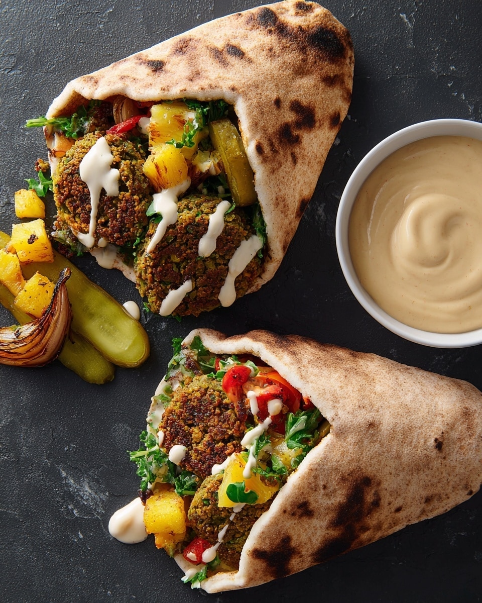 The image shows a close-up of a falafel pita on a white marbled surface. The pita bread is light tan with browned spots, folded to hold several layers: at the bottom, crispy falafel pieces with a rough texture and golden-brown color; above them, bright yellow roasted bell peppers, green cilantro leaves, red roasted tomato slices, and some caramelized onions. The falafel and vegetables are topped with a creamy white sauce drizzled in small drops. Next to the pita, there are a few falafel pieces sprinkled with sauce, a sliced pickle with a shiny green surface, and some cilantro leaves. Photo taken with an iphone --ar 4:5 --v 7
