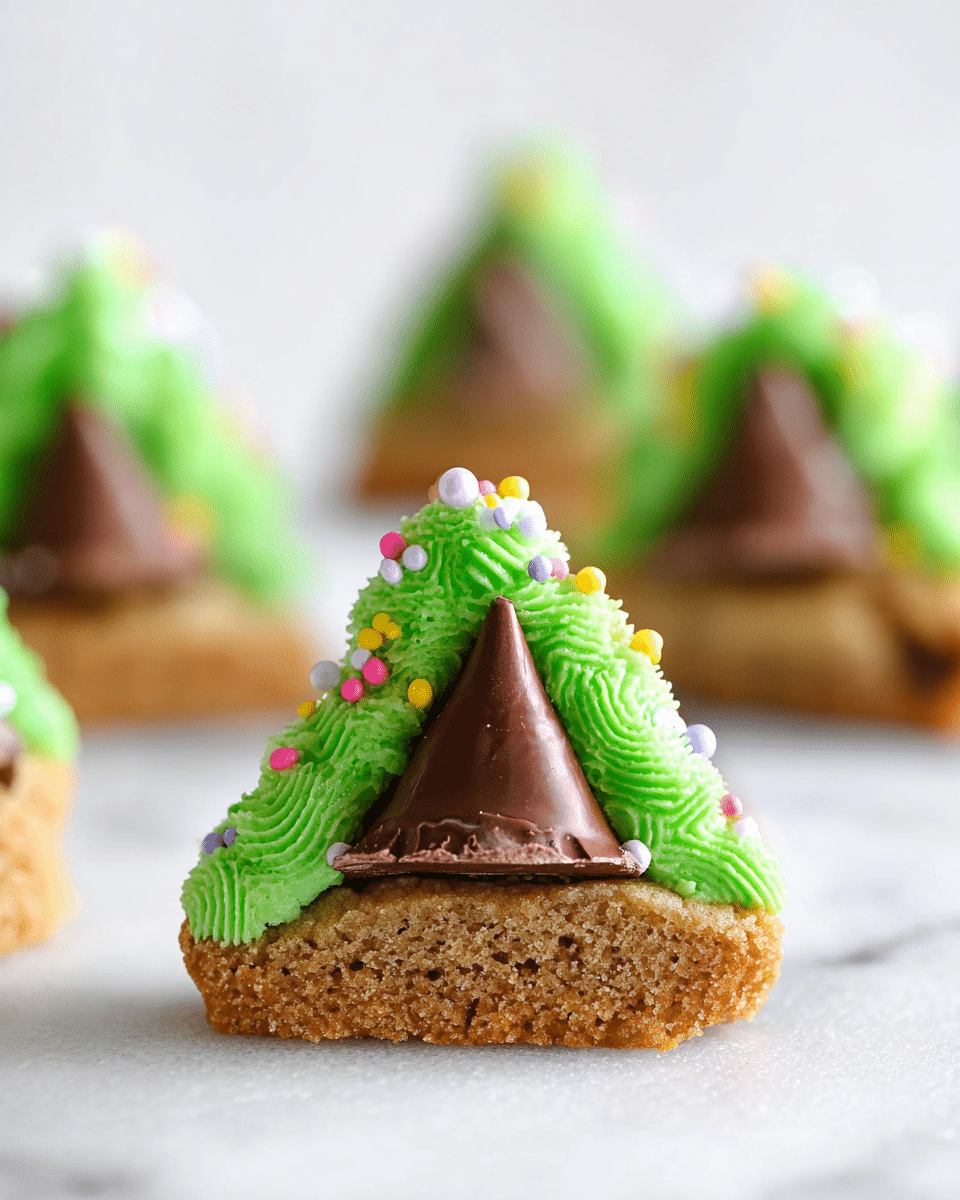 A single triangular sweet treat shaped like a Christmas tree, consisting of three visible layers: the bottom layer is a light brown, crumbly cookie base; the middle layer is a smooth, shiny dark brown piece of chocolate shaped like a Hershey's Kiss, standing upright in the center; on top, bright green buttercream frosting is piped neatly around the chocolate in the shape of a Christmas tree, textured with small ridges and decorated with tiny colorful sprinkles including white, yellow, pink, and purple pearls. This dessert sits on a clean white marbled surface with a soft focus on similar treats in the background. photo taken with an iphone --ar 4:5 --v 7