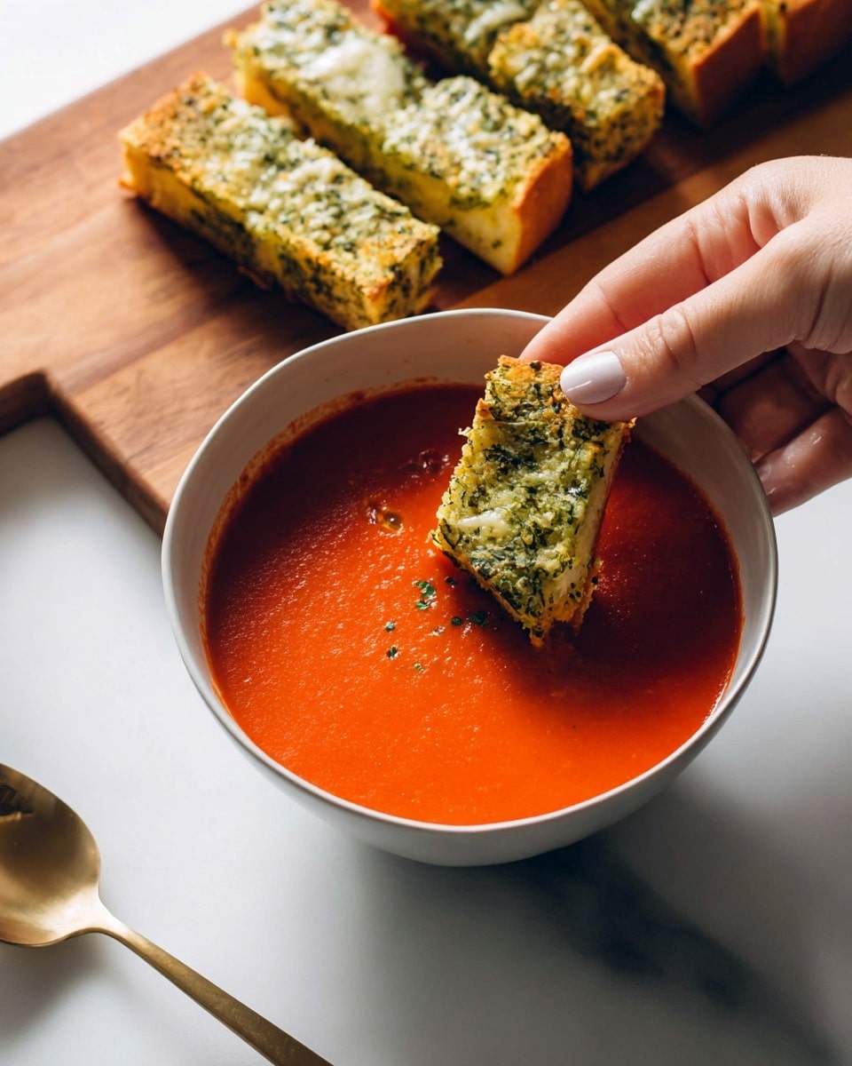A white bowl filled with smooth, bright red tomato soup sits on a white marbled surface, with a woman's hand dipping a green, herb-covered garlic bread piece partially into the soup. Above, multiple rectangular pieces of the same garlic bread, golden brown on the edges with a textured green herb topping, rest on a wooden cutting board. A brass spoon is partially visible to the left on the surface. The scene is lit naturally, highlighting the rich colors and textures. photo taken with an iphone --ar 4:5 --v 7