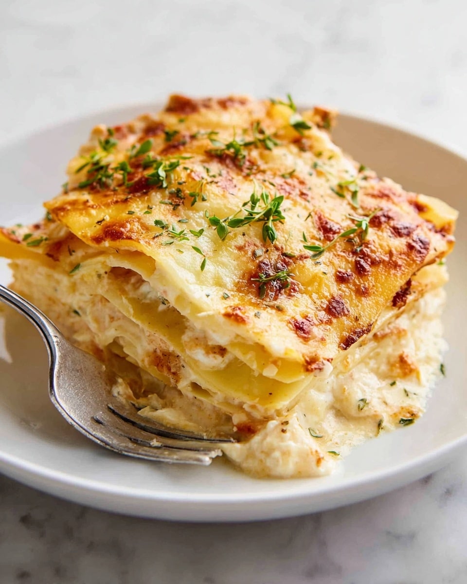 A white plate holds a stack of creamy lasagna with about four layers visible, each layer showing soft, slightly golden pasta sheets with rich, melted cheese and light sauce in between. The top layer is bubbly and browned, with small green herb leaves scattered on top for color. A silver fork rests on the left side of the plate, angled slightly into the dish. The whole scene is set against a white marbled textured surface. Photo taken with an iphone --ar 4:5 --v 7