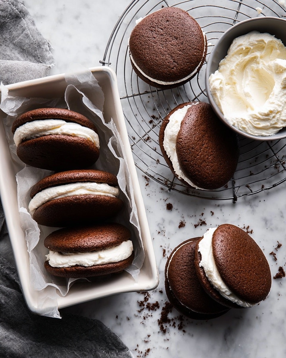 The image shows soft, round chocolate sandwich cookies with a thick white creamy layer in the middle. Five of these cookies lie side by side on white parchment paper inside a white enamel tray, while three others rest on a round wire cooling rack on a white marbled surface. One cookie on the rack has its top off, revealing the smooth, fluffy white cream spread evenly on the chocolate base. Nearby, a bowl contains more white cream, with some cream lightly dusting the surrounding surface. Photo taken with an iphone --ar 4:5 --v 7