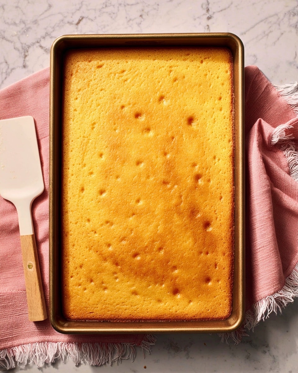 A rectangular baking pan filled with one layer of golden-yellow cake, evenly baked with small, light brown spots on the surface. The pan sits on a surface covered by a pink cloth with fringed edges, next to a white spatula resting on the cloth. The background has a white marbled texture. Photo taken with an iphone --ar 4:5 --v 7
