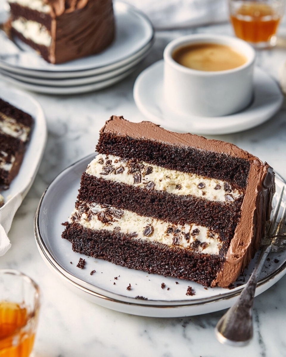 A slice of layered chocolate cake sits on a white plate, placed on a white marbled surface. The cake has four layers total, starting with a dark, moist chocolate cake layer at the bottom followed by a thick layer of pale yellow cream mixed with small chocolate chunks. On top of the cream, there is another dark chocolate cake layer, then another cream layer with chocolate chunks, and finally topped with a fourth chocolate cake layer. The cake looks rich and the cream layers are thick, with a slightly rough texture on the chocolate cake edges. Photo taken with an iphone --ar 4:5 --v 7