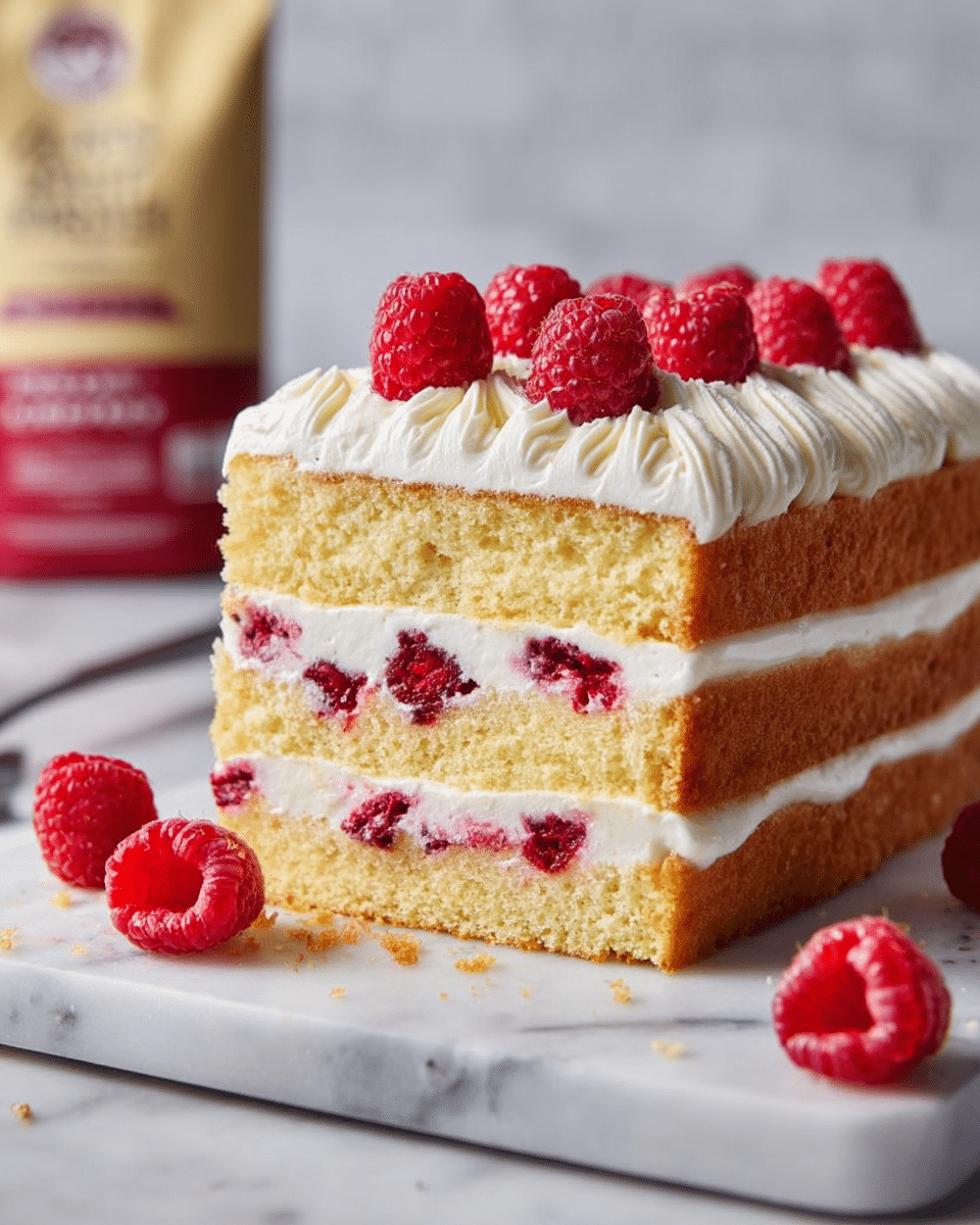 A rectangular cake with three layers of light yellow sponge separated by thin layers of white cream and red raspberry filling is placed on a white marbled cutting board. The top layer has thick, wavy white cream lines running lengthwise, with fresh red raspberries scattered on top. A single slice is cut and laid flat on the board to show the inside layers, and there are a few loose raspberries around the board. A beige and white striped cloth is partially visible in the background. Photo taken with an iphone --ar 4:5 --v 7