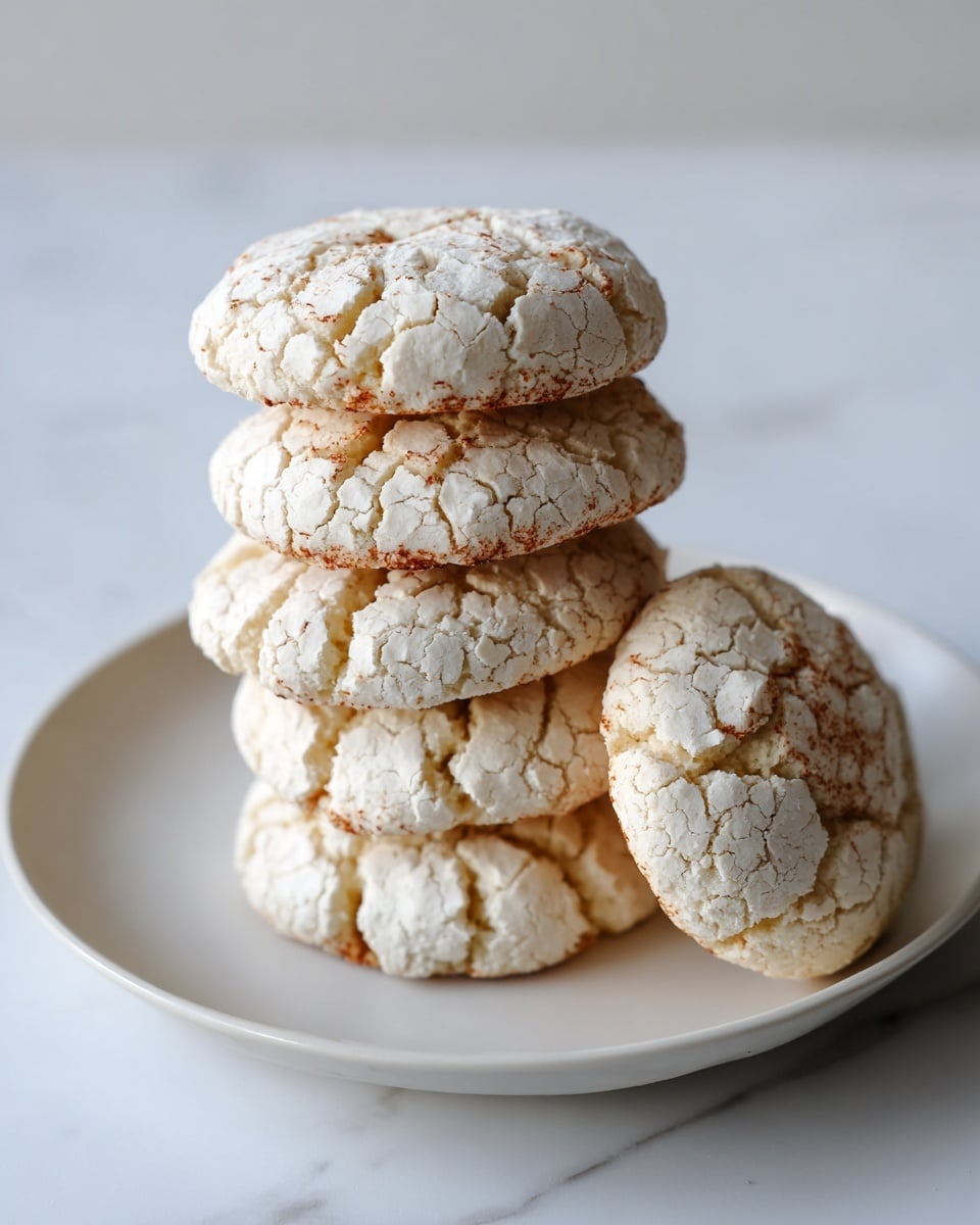 A stack of six round, cracked white cookies with a rough and uneven surface sits on a smooth white plate. The cookies have a slightly crinkled texture, and their color is mostly white with hints of light brown from visible bits inside. The plate is placed on a white marbled surface, giving a clean and simple background contrast to the cookies. photo taken with an iphone --ar 4:5 --v 7