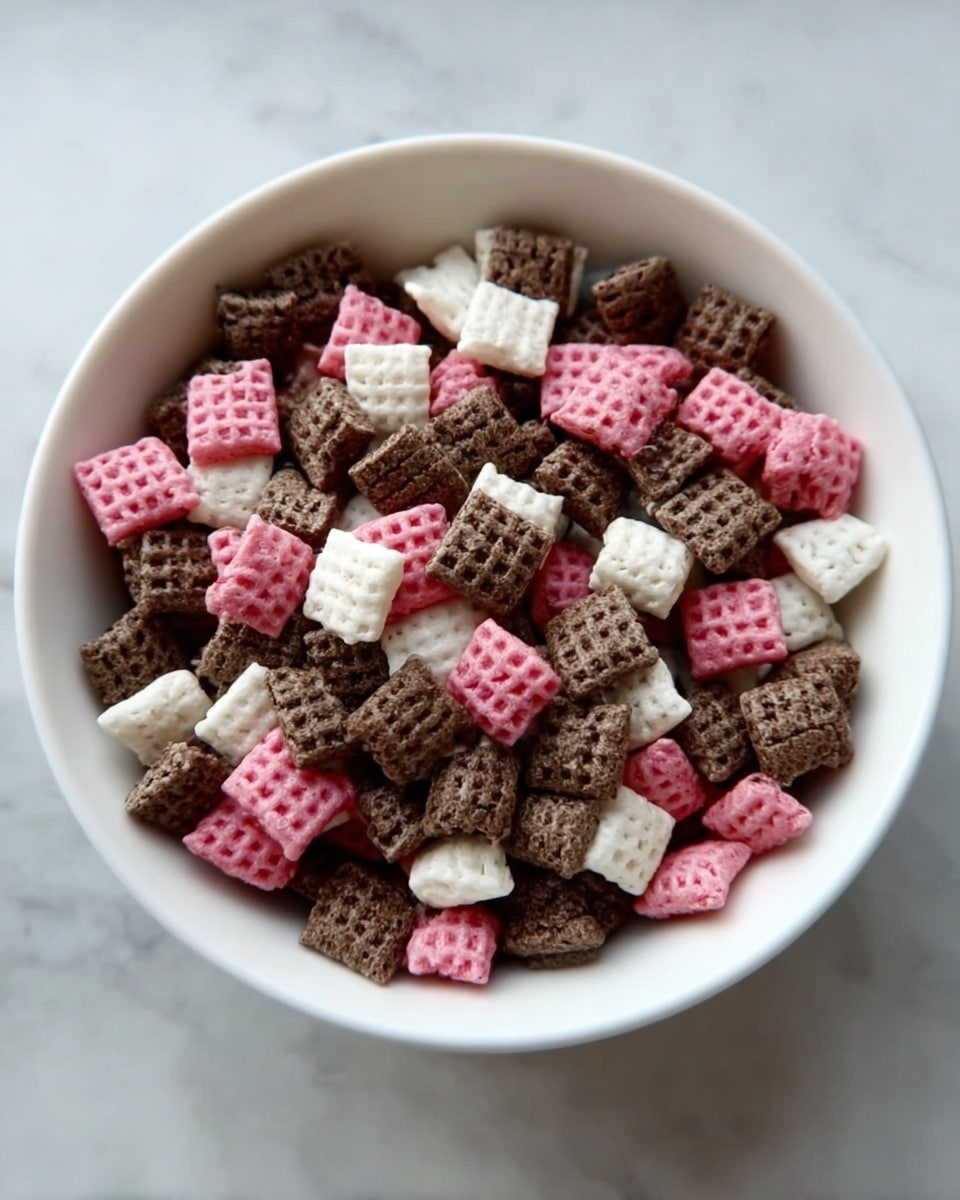 A close-up image of a bowl filled with small, square cereal pieces in three colors: dark brown, pink, and white. Each cereal piece has a waffle-like texture with a grid pattern on the surface. The pieces are layered randomly, filling the white bowl to the top. The bowl sits on a white marbled surface, with no other objects visible in the frame. The lighting is soft, highlighting the cereal textures without harsh shadows. Photo taken with an iphone --ar 4:5 --v 7