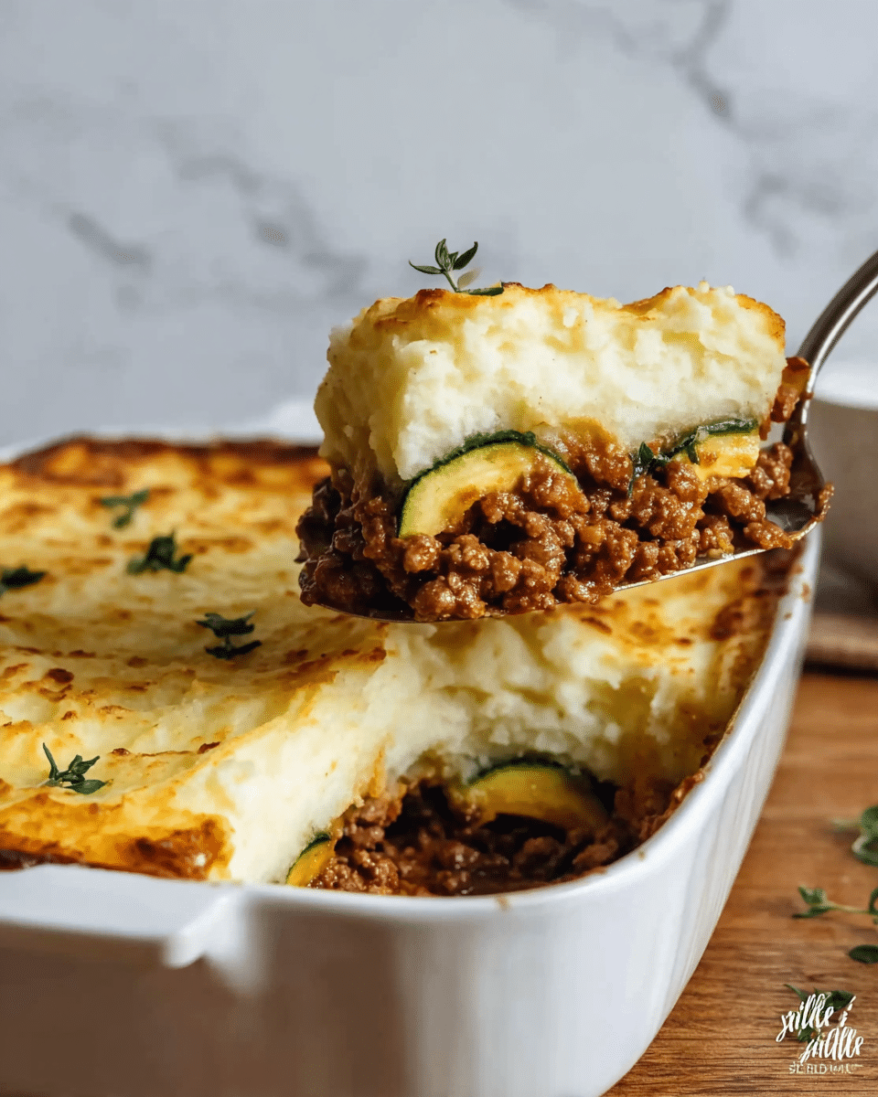 A white square dish holds a layered shepherd’s pie, with a golden-brown mashed potato top layer that is slightly crisp and textured, finished with small green herb sprigs. Underneath is a thick layer of cooked minced meat, dark brown and crumbly, mixed with small green and orange vegetable pieces. A metal spatula lifts a portion showing both layers clearly, with the pie resting on a wooden surface and blurred white dishes and green garnish in the background. A woman’s hand holds the spatula. Photo taken with an iphone --ar 4:5 --v 7
