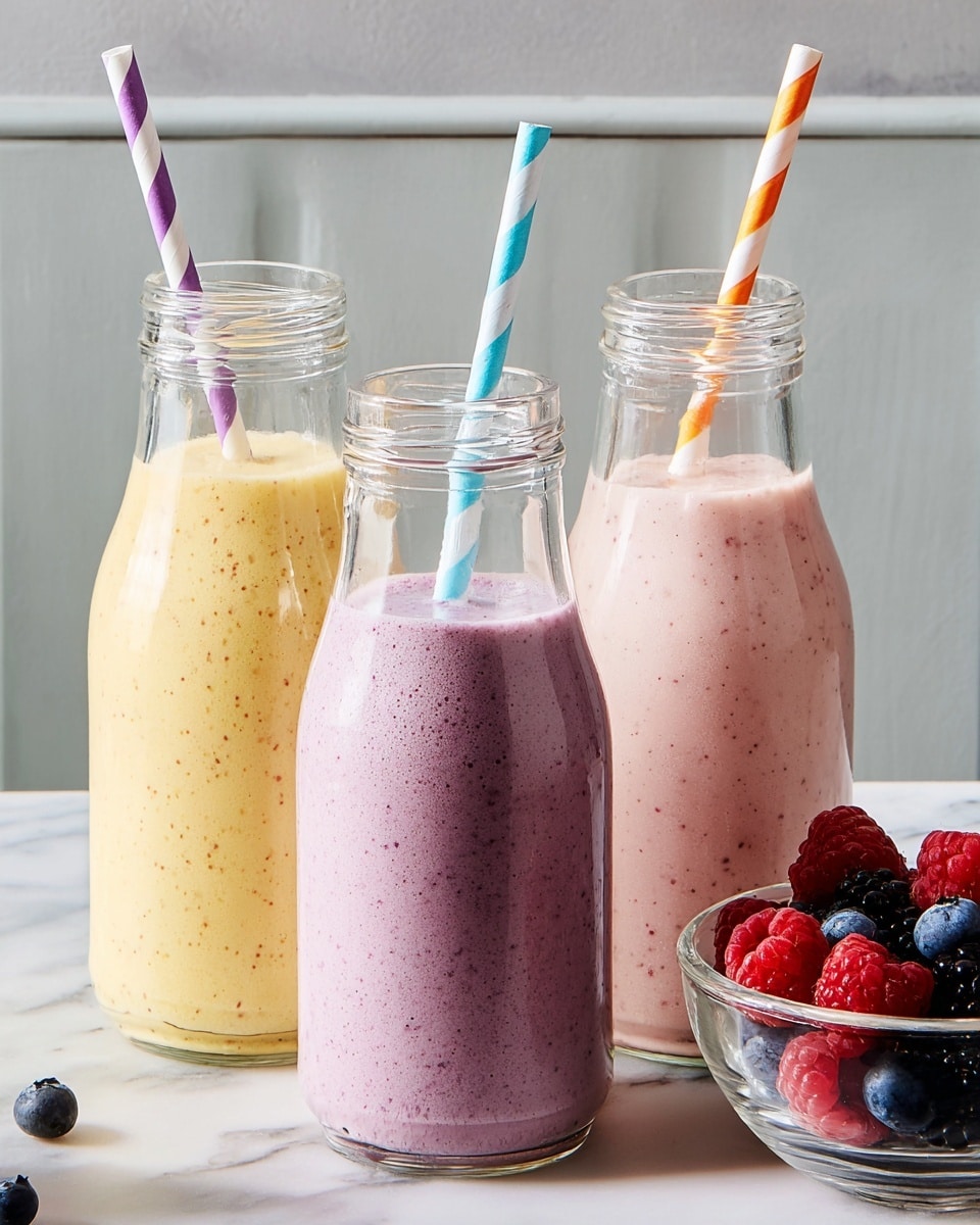 The image shows three clear glass bottles filled with smoothies, placed side by side on a white marbled surface. The left bottle holds a yellow smoothie with small brown specks, topped with a purple and white striped straw. The right bottle contains a light pink smoothie with tiny darker pink bits and a blue and white striped straw. The smaller bottle in the center has a purple smoothie with visible darker specks and an orange and white striped straw. To the right of the bottles, there is a small clear glass bowl filled with fresh mixed berries like raspberries, blueberries, and blackberries, with a few berries scattered on the white marbled surface near the bowl. Photo taken with an iphone --ar 4:5 --v 7