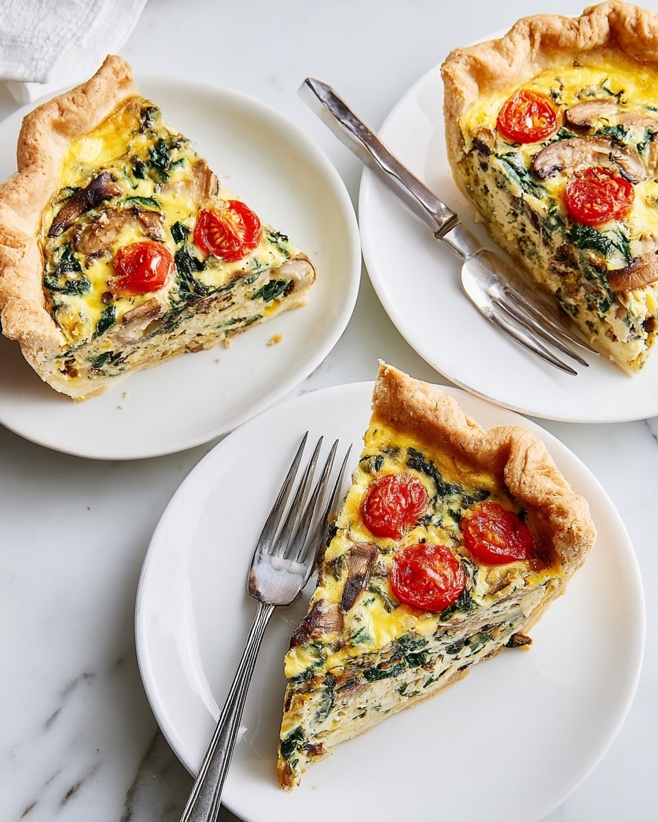 The image shows three white plates each holding a slice of vegetable quiche with a golden crust. Each slice has about three layers: a thick, flaky light brown crust on the bottom, followed by a creamy pale yellow egg mixture filled with small pieces of green spinach and brown mushrooms, and topped with a layer of cooked eggs dotted with bright red cherry tomato halves. Two of the plates have silver forks placed near the slices, and the background is a white marbled surface. Photo taken with an iphone --ar 4:5 --v 7