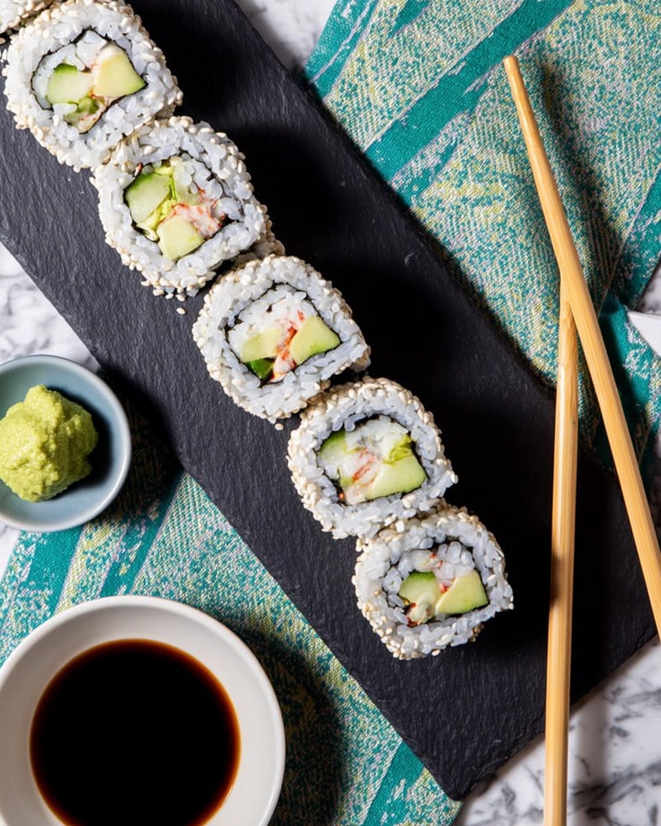 The image shows a row of sushi rolls arranged diagonally on a black slate board. Each sushi piece has three visible layers: a white rice layer covered with white sesame seeds on the outside, a middle layer of dark seaweed, and an inner filling consisting of light green cucumber, pale yellow avocado, and light pink imitation crab. To the right of the sushi rolls, a pair of light brown wooden chopsticks rest on a green and white patterned cloth. Below the chopsticks, there is a small white bowl with dark soy sauce inside. In the bottom left corner, another small white bowl holds green wasabi paste. The background is a white marbled texture. Photo taken with an iphone --ar 4:5 --v 7