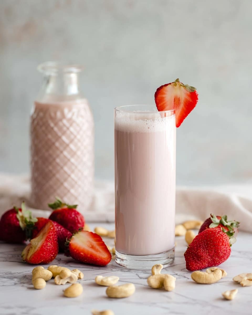 A tall, clear glass filled with a pale pink smoothie topped with light foam, garnished with a single red strawberry slice on the rim. The glass is placed on a white marbled surface scattered with whole and halved fresh strawberries showing their bright red and light yellow interiors, along with some raw cashew nuts spread around. In the background, slightly blurred, there is a clear bottle with a textured diamond pattern filled with the same pale pink smoothie. The overall setting is soft and natural with a light color scheme. photo taken with an iphone --ar 4:5 --v 7