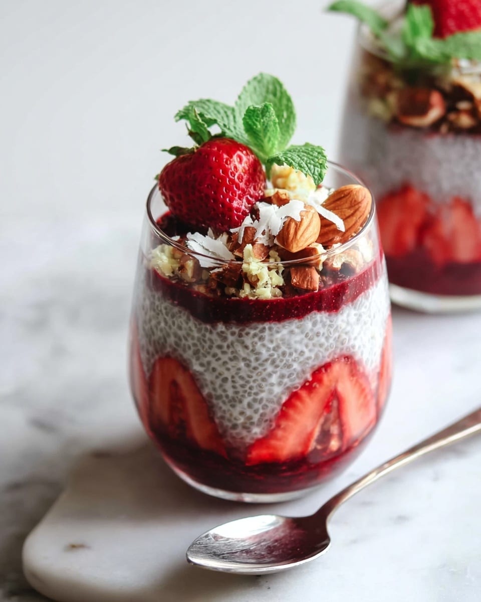 The image shows a clear glass filled with a four-layer dessert placed on a white marbled surface next to a silver spoon. The bottom layer is white chia pudding with sliced red strawberries pressed against the glass's inside. Above that is a deep red berry sauce layer, followed by another layer of chia pudding with visible tiny seeds. The top layer consists of mixed nuts and toasted coconut flakes, crowned with a whole red strawberry and fresh green mint leaves. In the background, there is another similar glass, partially blurred. photo taken with an iphone --ar 4:5 --v 7