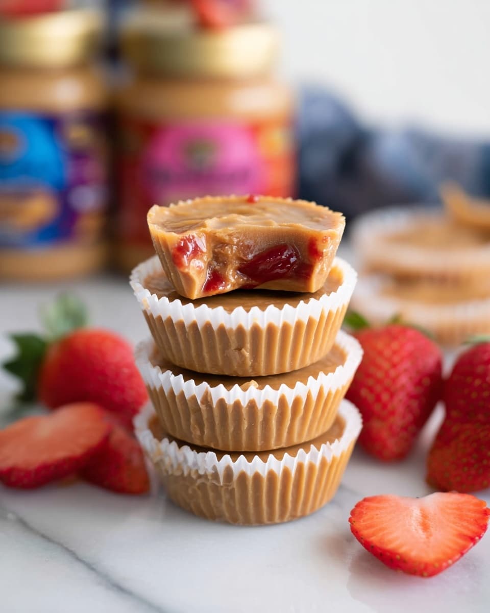 A stack of four peanut butter cups sits on a white paper cup, each cup showing a smooth, light brown peanut butter layer with a glossy finish. The top cup has a visible bite taken out, revealing a creamy, slightly crumbly inside with red streaks of jam or jelly on the surface. Around the stack, there are sliced fresh strawberries with vibrant red color and green leaves, placed on a white marbled surface. In the blurred background, peanut butter jars with colorful labels add depth to the image. Photo taken with an iphone --ar 4:5 --v 7