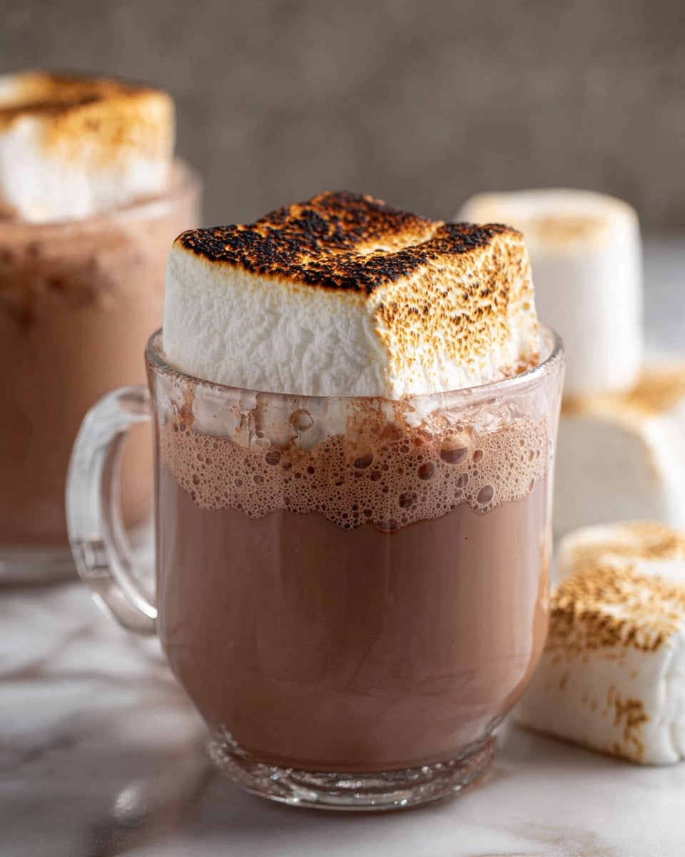 A clear glass mug filled almost to the top with smooth, light brown hot chocolate forms the base layer, showing slight bubbles on the surface. On top floats a large, square white marshmallow with a toasted, golden brown and slightly burnt top layer, giving a crispy texture contrast. Behind the mug, there are extra white marshmallows, one toasted and others plain, resting on a white marbled surface along with another similar mug of hot chocolate blurred in the background. photo taken with an iphone --ar 4:5 --v 7
