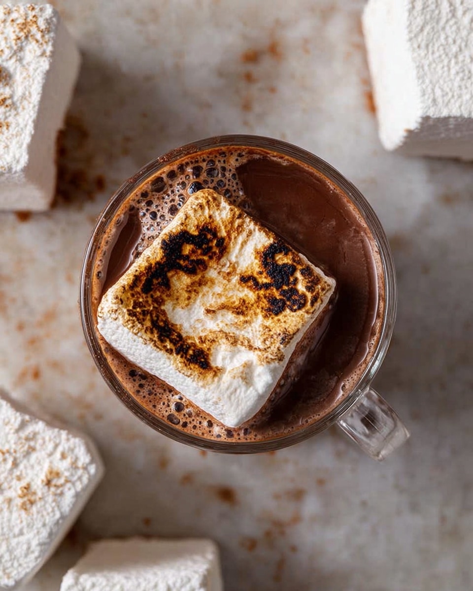 A clear glass cup filled with dark brown hot chocolate, topped with a large, toasted white square marshmallow that has golden brown and darker burnt spots on its surface, floating at the center. Around the cup, there are several large white square marshmallows placed on a white marbled texture. The scene is viewed from above, showing the smooth, rich texture of the hot chocolate and the soft, slightly crunchy marshmallow on top. Photo taken with an iphone --ar 4:5 --v 7