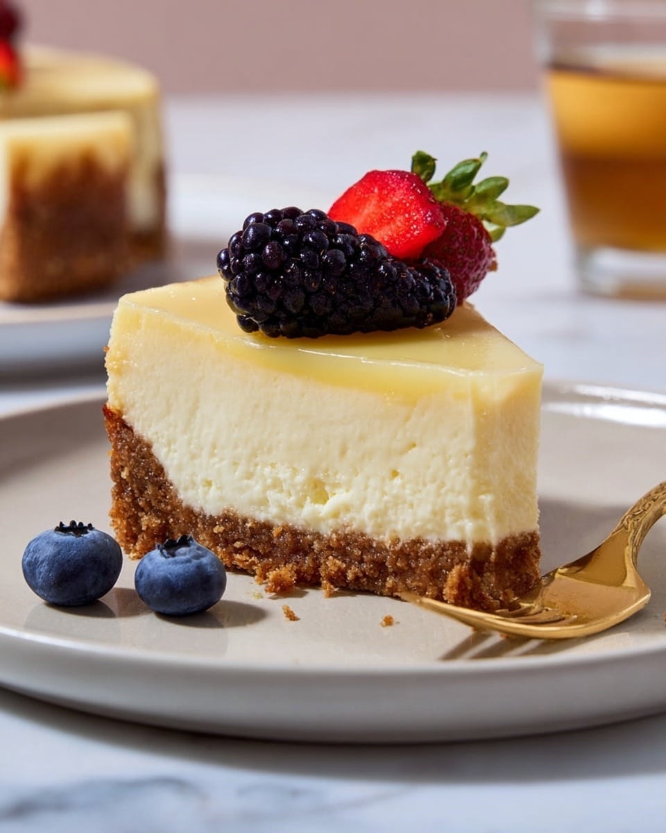 A slice of cheesecake with three layers sits on a plain white plate on a white marbled surface: the bottom layer is a crumbly brown crust, the middle layer is a thick, creamy pale yellow cheesecake, and the top layer is a shiny thin glaze. On top of the cheesecake are three fresh berries: a dark purple blackberry, a deep blue blueberry, and a bright red slice of strawberry, arranged neatly. Another blueberry sits on the plate near the slice. A gold fork with some cheesecake rests on the right side of the plate. In the background, there is a blurred second slice of cheesecake and a glass with a light brown liquid. The photo is taken with an iphone --ar 4:5 --v 7