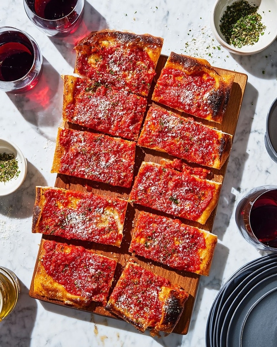 The image shows eight rectangular slices of thin-crust tomato pizza arranged on a wooden cutting board over a white marbled surface. Each slice has a bright red tomato sauce layer with some lightly browned spots and a light sprinkling of grated white cheese and dried herbs on top. The edges of the crust are golden brown with some darker char marks, giving a crispy texture. Around the board, there are two glasses filled with dark red wine, a small white bowl with green herbs, and stacked dark grey plates to the right. The scene is bright with natural light highlighting the textures. Photo taken with an iphone --ar 4:5 --v 7