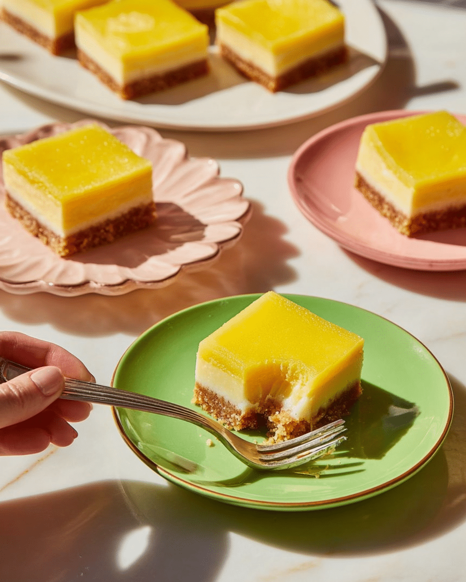 The image shows square lemon bars with three layers: a golden brown crumbly crust at the bottom, a thick light yellow middle layer with a soft texture, and a smooth bright yellow top layer. One bar on a green plate has a woman’s hand holding a fork with a small piece taken out, revealing the layers clearly. Other bars are placed on a white scalloped plate, a pinkish plate, and a white plate, all sitting on a white marbled surface with soft sunlight casting shadows. Photo taken with an iphone --ar 4:5 --v 7