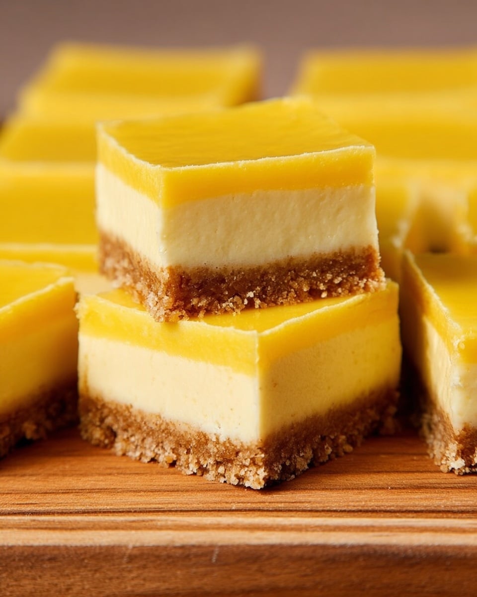 The image shows several square slices of a three-layer dessert on a wooden board. The bottom layer is a crumbly, light brown crust with a slightly rough texture. The middle layer is thick, smooth, and bright yellow, looking soft and moist. The top layer is a thinner, creamy pale yellow layer, smooth and shiny, creating a neat finish to each square. The layers are even and well-defined, and the edges are clean and sharp. Photo taken with an iphone --ar 4:5 --v 7