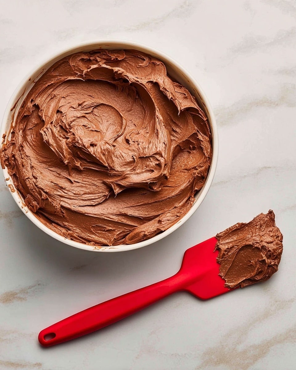 A round, white bowl filled with one thick layer of creamy, smooth chocolate frosting, showing swirled textures and ridges on the surface. Next to the bowl lies a red spatula with a small amount of the chocolate frosting spread unevenly on its flat side, all placed on a white marbled surface. photo taken with an iphone --ar 4:5 --v 7