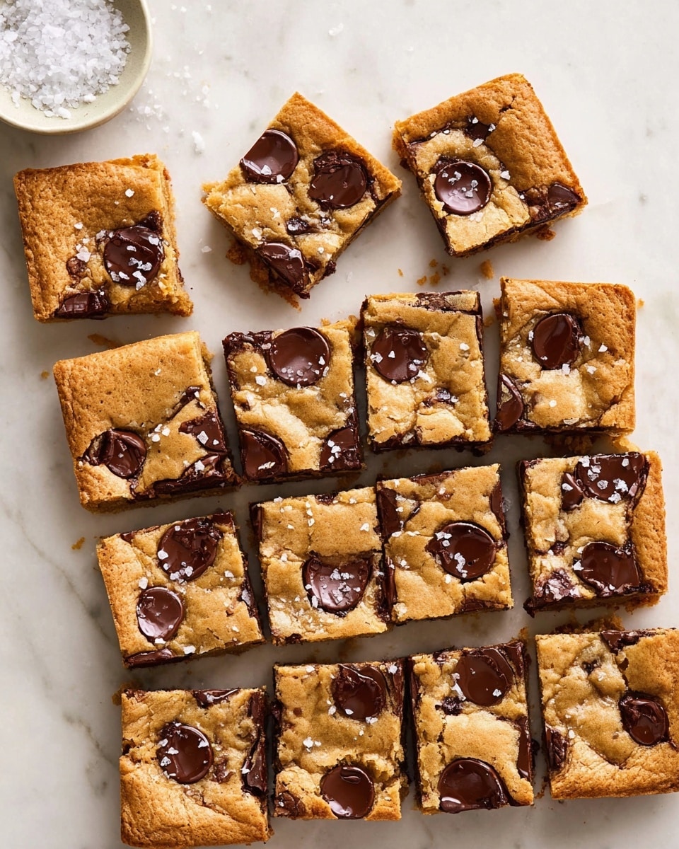 The image shows sixteen square blondie bars arranged on a white marbled surface in a loose grid with some pieces slightly separated. Each blondie has a golden-brown top layer scattered with large and small melted chocolate chips or discs, some partially sunken and others melted into the batter, creating dark brown spots. The texture looks soft and slightly chewy with a light crispy edge. The top of each blondie is sprinkled with small flakes of sea salt which add extra texture and shine. On the left edge is the side of a white bowl filled with flaky sea salt crystals. photo taken with an iphone --ar 4:5 --v 7