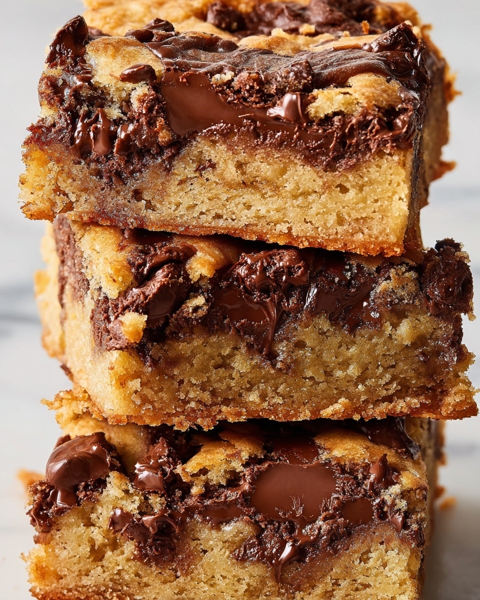 A close-up image shows a stack of three thick blondie bars with gooey melted dark chocolate chips spread unevenly across the top and within each bar. The bars have a soft, moist texture with light golden-brown crumb, and the melted chocolate adds a shiny, rich dark brown contrast on each piece. The bars are stacked vertically, showing layers of dense, chewy blondie and patches of glossy chocolate on a white marbled surface. photo taken with an iphone --ar 4:5 --v 7