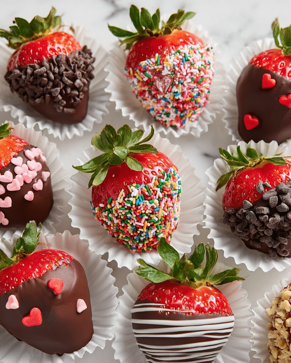 A group of fresh strawberries, each dipped half in smooth, dark chocolate covering the bottom half and leaving the red fruit top and green leaves visible, are arranged on white paper liners. Different decoration layers add variety, including colorful small round sprinkles, tiny heart-shaped red, pink, and white sprinkles, small chocolate chips densely covering the chocolate part, finely chopped light brown nuts, and thin white chocolate drizzles across the dark chocolate. The strawberries are placed on a white marbled surface, giving a clean and bright look. Photo taken with an iphone --ar 4:5 --v 7