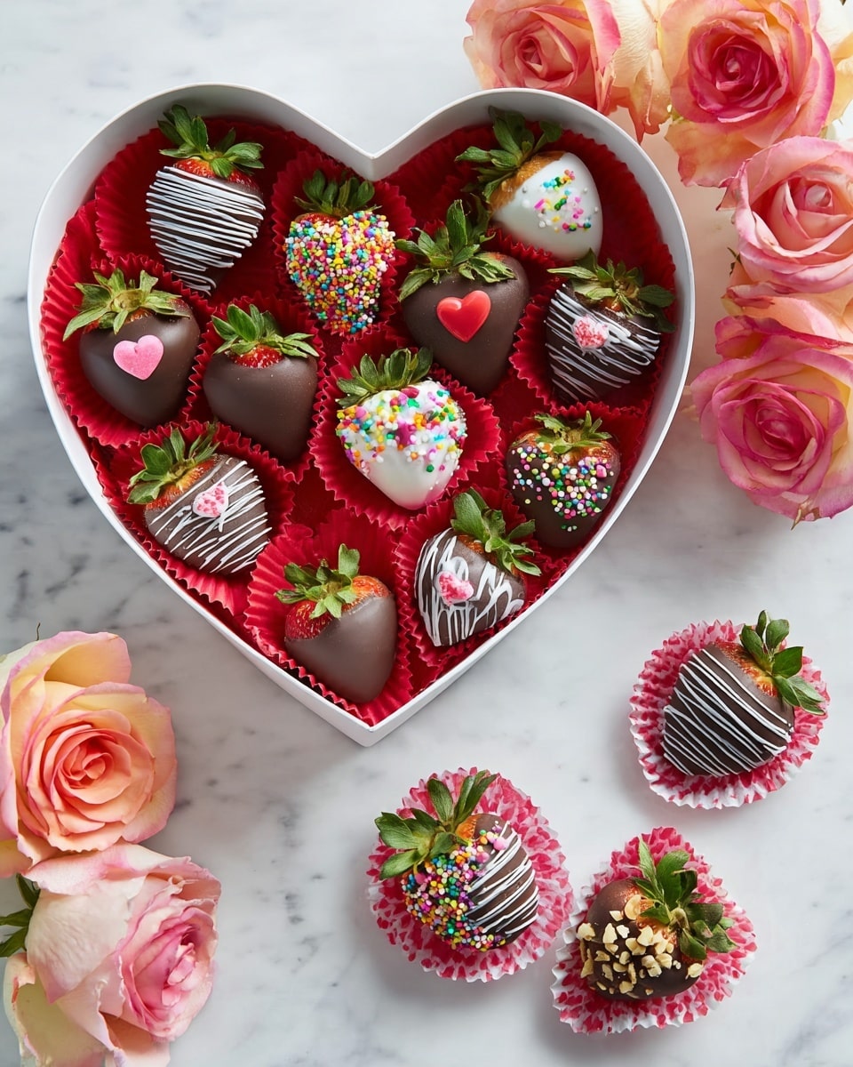 A white heart-shaped box holds twelve large strawberries, each dipped halfway in smooth dark chocolate with their green tops left fresh. The strawberries rest on bright red paper liners, and some are decorated with different toppings: small white and pink heart sprinkles, tiny colorful round sprinkles, white chocolate stripes, chopped nuts, and mini chocolate chips. Outside the box, a few extra strawberries with similar decorations also sit on red and white paper liners on a white marbled surface. Three pale pink roses with darker pink edges are arranged around the box, adding a soft romantic touch. photo taken with an iphone --ar 4:5 --v 7