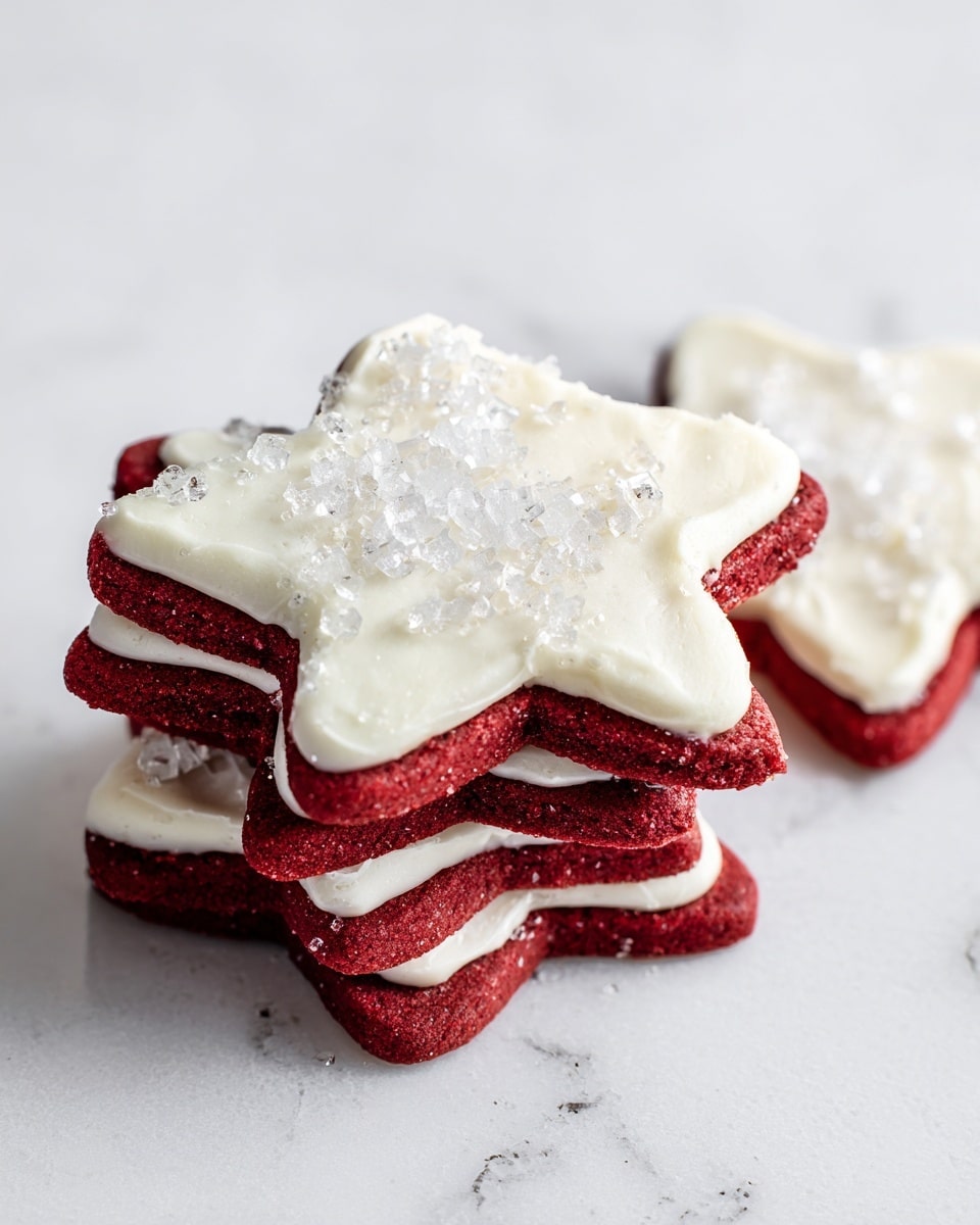 A stack of star-shaped red velvet cookies is shown on a white marbled texture. Each cookie has one main layer, the deep red base with a smooth texture, topped with an even layer of creamy white frosting that spreads just inside the cookie edges. The frosting is sprinkled with large, clear white sugar crystals that add sparkle and texture. The stack is uneven, showing several cookies layered loosely together, with the top cookie tilted slightly forward to reveal its details. Photo taken with an iphone --ar 4:5 --v 7