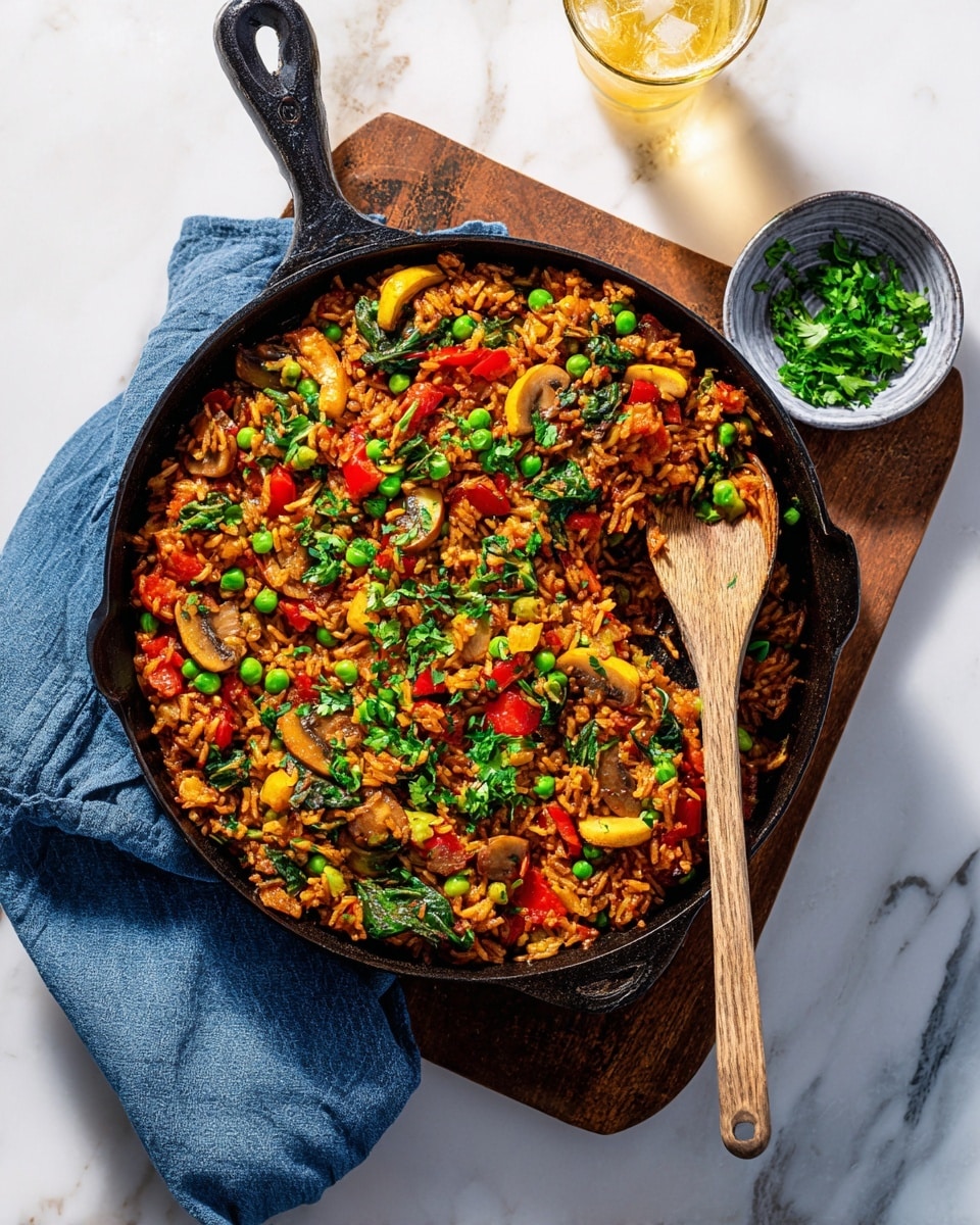 A black cast iron skillet filled with a colorful mix of cooked rice and vegetables, including green peas, yellow squash slices, red bell pepper chunks, spinach leaves, and chopped parsley scattered on top. The rice is a warm orange color, mixed evenly with the veggies. A wooden spoon is partially placed inside the skillet, resting on the rice near the bottom left. The skillet sits on a wooden board, with a blue cloth napkin partially visible on the lower right side, all set on a white marbled surface. Photo taken with an iphone --ar 4:5 --v 7