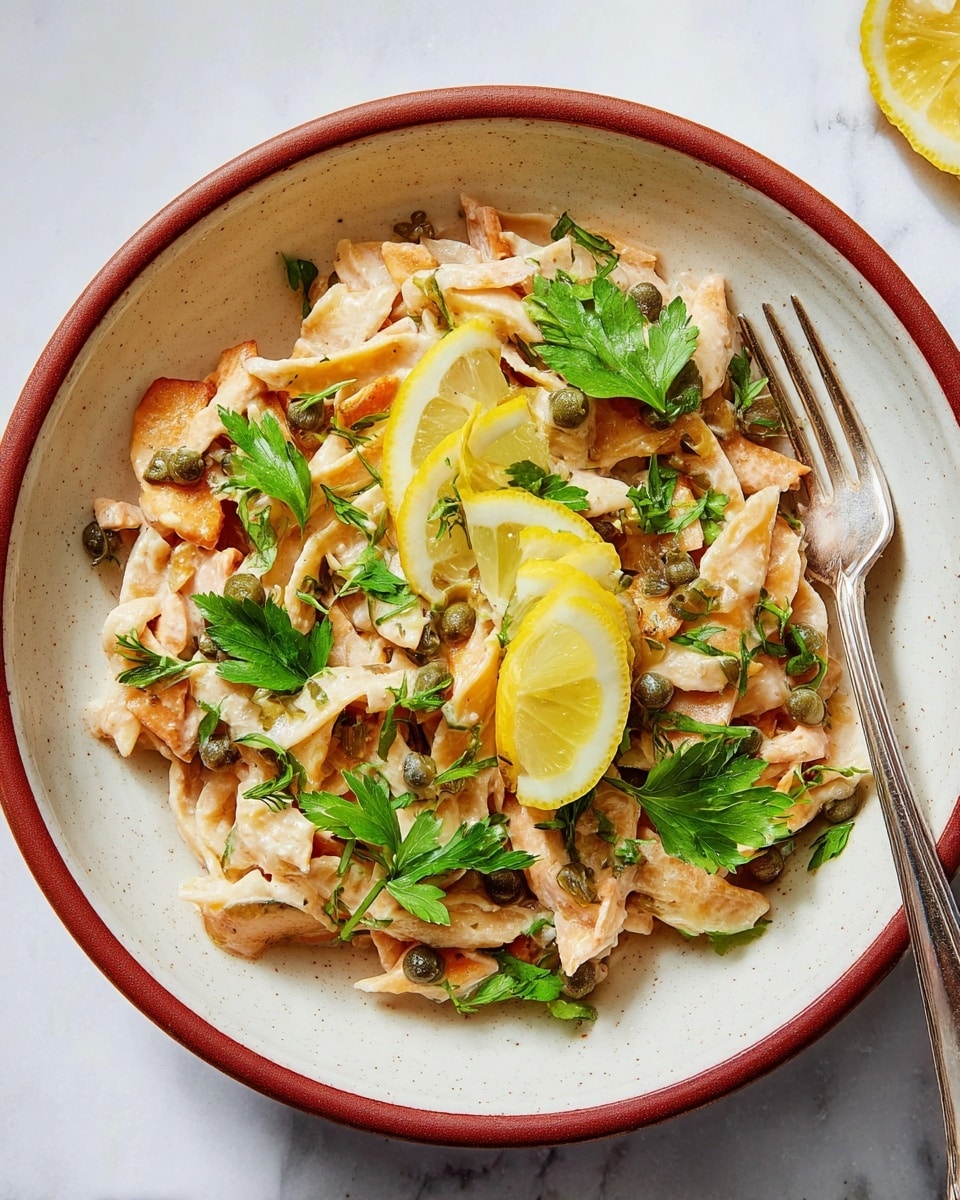 A close-up view of a white shallow bowl with a brown rim filled with a creamy chicken dish. The dish has three layers of ingredients: the bottom layer is soft, light brown cooked onions; the middle layer shows thin, golden-brown cooked chicken strips with a slightly crispy texture; the top layer has several bright yellow lemon wedges and scattered green parsley leaves along with small green capers. A silver fork is resting on the left side inside the bowl. The bowl is placed on a white marbled surface. Photo taken with an iphone --ar 4:5 --v 7