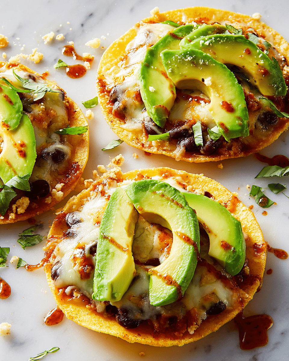 Four round tostadas sit on a white marbled surface, each with three visible layers: a crispy golden-yellow base, a melted light yellow cheese layer with some browned spots, and a dark black bean topping with a creamy texture. On top of the beans are three slices of fresh, bright green avocado arranged in a slight fan shape on each tostada. There are thin lines of reddish-brown sauce drizzled across the avocado and beans, adding a pop of color. Scattered black beans can be seen on the surface around the tostadas. Photo taken with an iphone --ar 4:5 --v 7