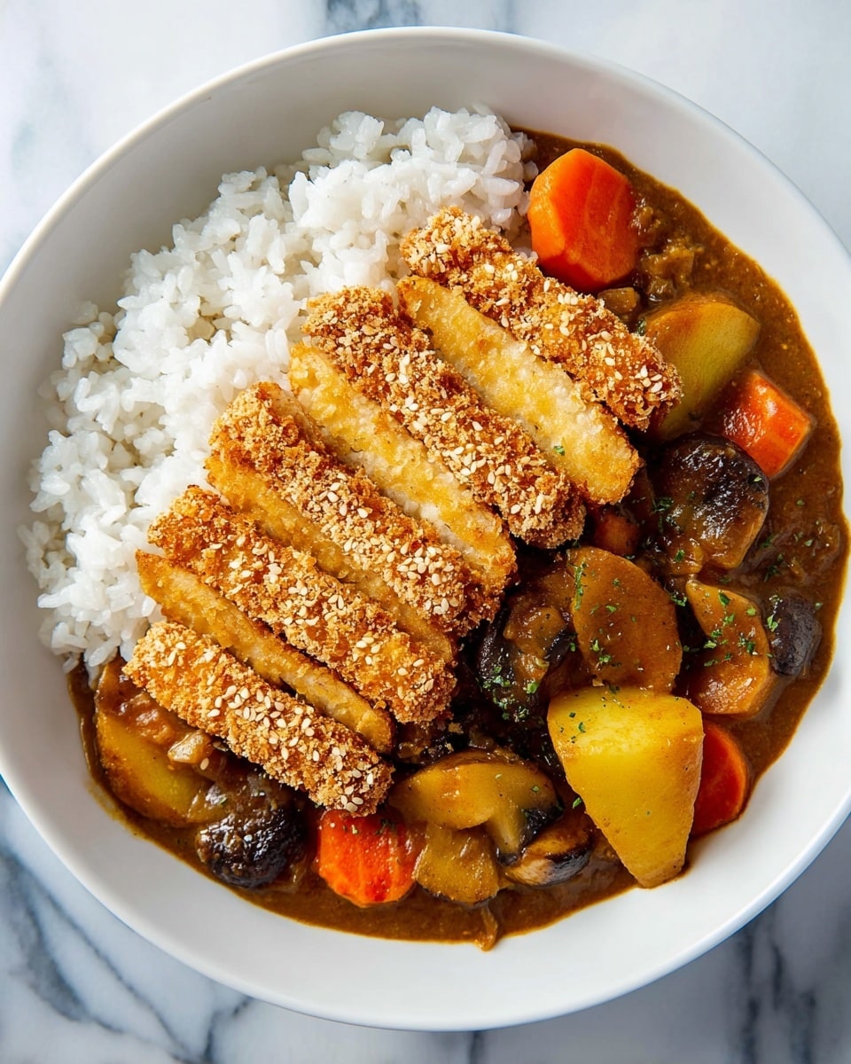 A white bowl filled with white rice on one side topped with five thick slices of golden brown fried tofu covered in sesame seeds, showing a crispy texture. On the other side, there is a thick curry stew with large pieces of orange carrots, yellow potatoes, and sliced brown mushrooms in a smooth, rich brown sauce. The bowl sits on a white marbled surface. photo taken with an iphone --ar 4:5 --v 7
