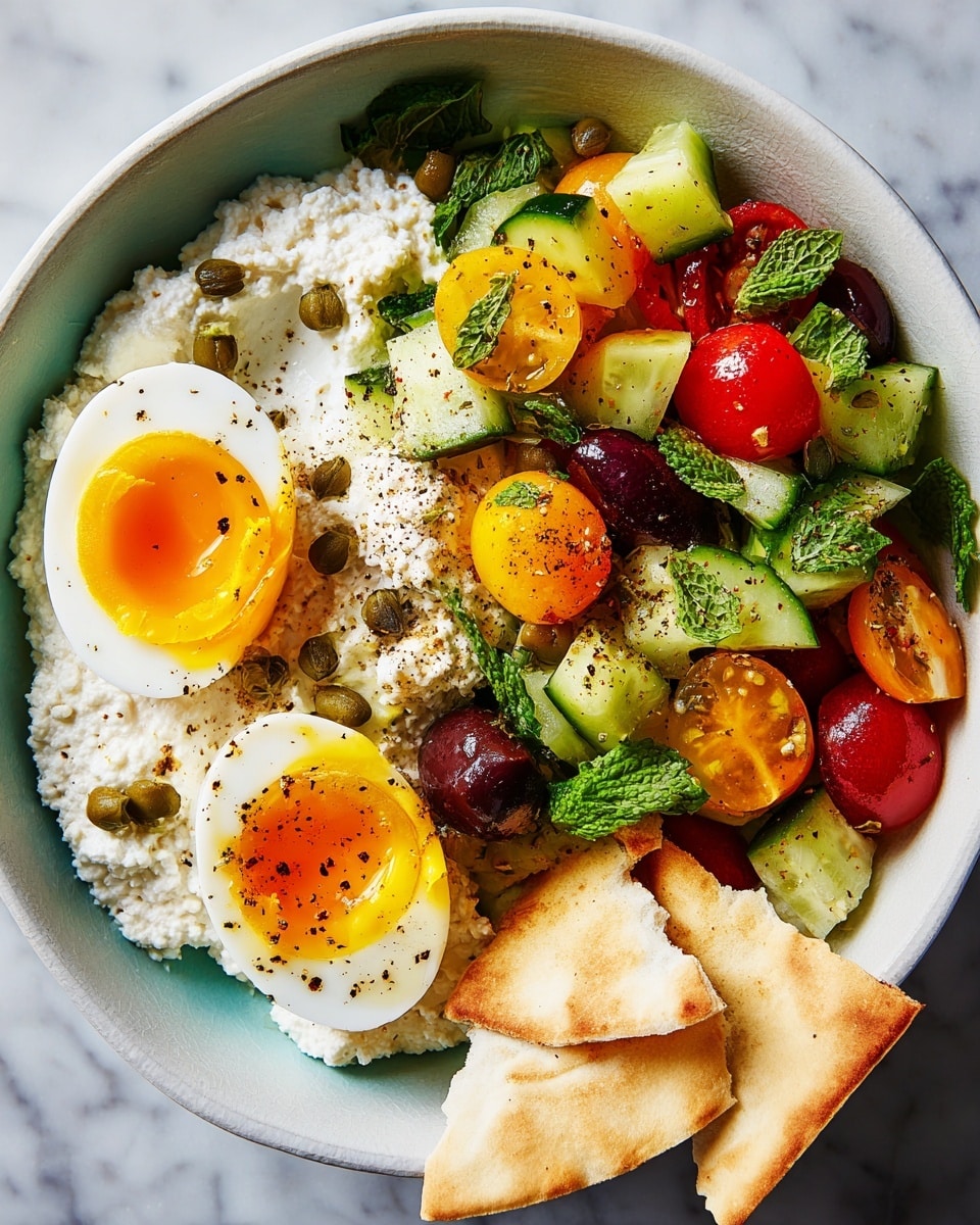 A white plate holds a fresh salad with three main sections: a creamy white cottage cheese base spreads across the bottom left, topped with two halves of a soft-boiled egg showing bright yellow yolks sprinkled with black pepper and small green capers; next to it, on the right, is a colorful mix of chopped vegetables including green cucumber chunks, halved red and yellow cherry tomatoes, and dark purple olives, all sprinkled with green herb leaves and seasoning; at the bottom left edge of the plate, three golden-brown pita chips rest against the cottage cheese. The plate sits on a white marbled surface. Photo taken with an iphone --ar 4:5 --v 7