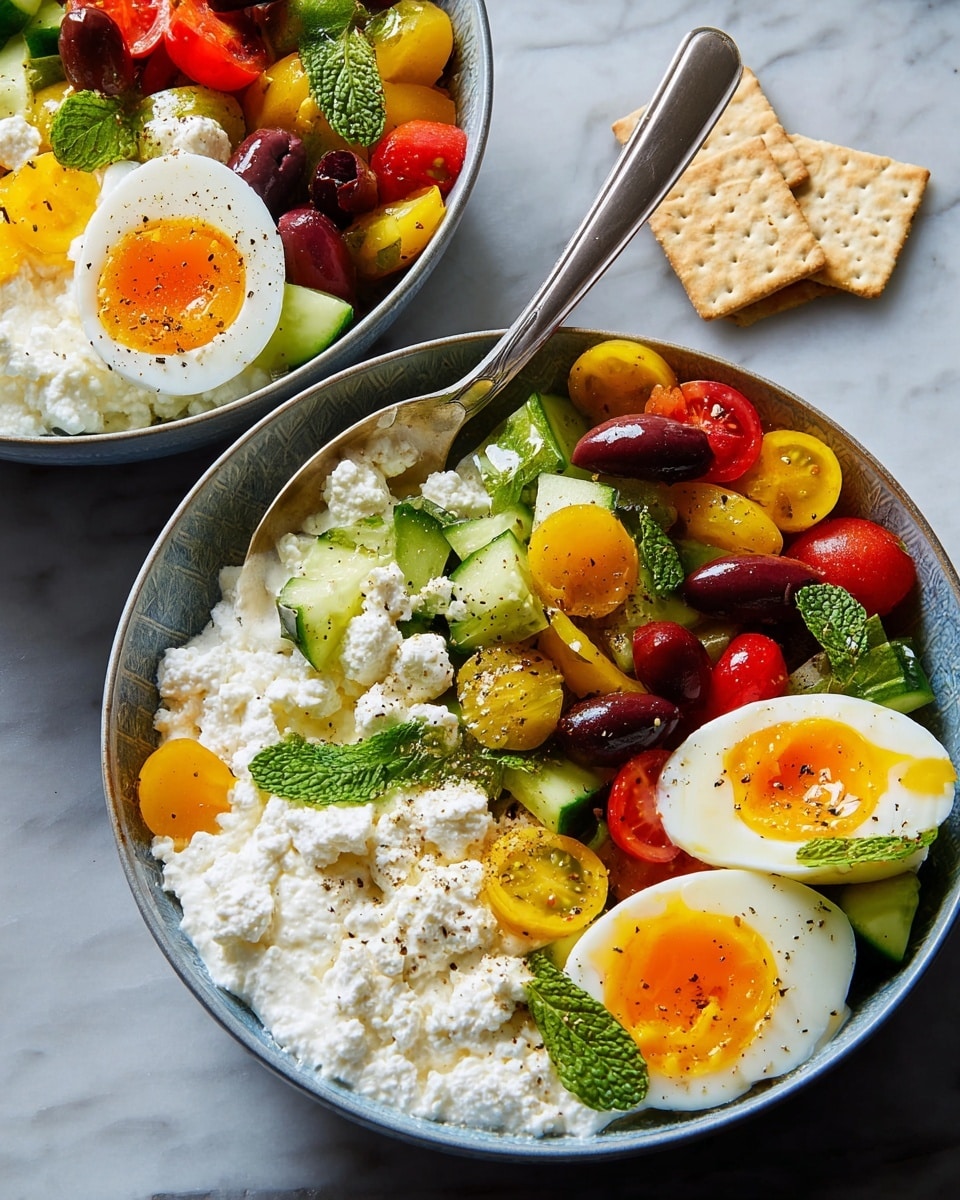The image shows two white bowls filled with a colorful salad placed on a white marbled surface. Each bowl has three main sections: on one side is a large portion of white cottage cheese with a soft, lumpy texture; next to it are two halves of a boiled egg with firm white and bright orange yolk, sprinkled with black pepper; the biggest section contains a mix of chopped green cucumbers, red and orange cherry tomatoes, dark purple olives, fresh green mint leaves, and yellow bell peppers, all lightly seasoned. One bowl has a silver spoon resting inside, and there are two pieces of pita bread placed beside the bowls. The photo is taken with an iphone --ar 4:5 --v 7