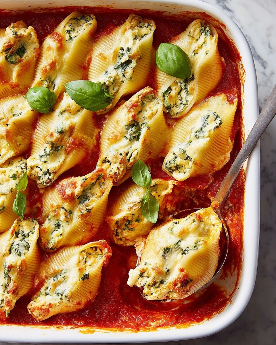 A white rectangular baking dish filled with about two layers of stuffed pasta shells, arranged close together vertically. The bottom layer has a thick bright red tomato sauce visible in spaces between the shells. Each shell is filled with a creamy white mixture with hints of yellow and green herbs, topped with melted golden brown cheese. Fresh green basil leaves are scattered on top, adding a fresh touch. One shell is being lifted by a silver spoon on the right side, showing its soft texture and filling inside. The dish is resting on a white marbled surface. photo taken with an iphone --ar 4:5 --v 7