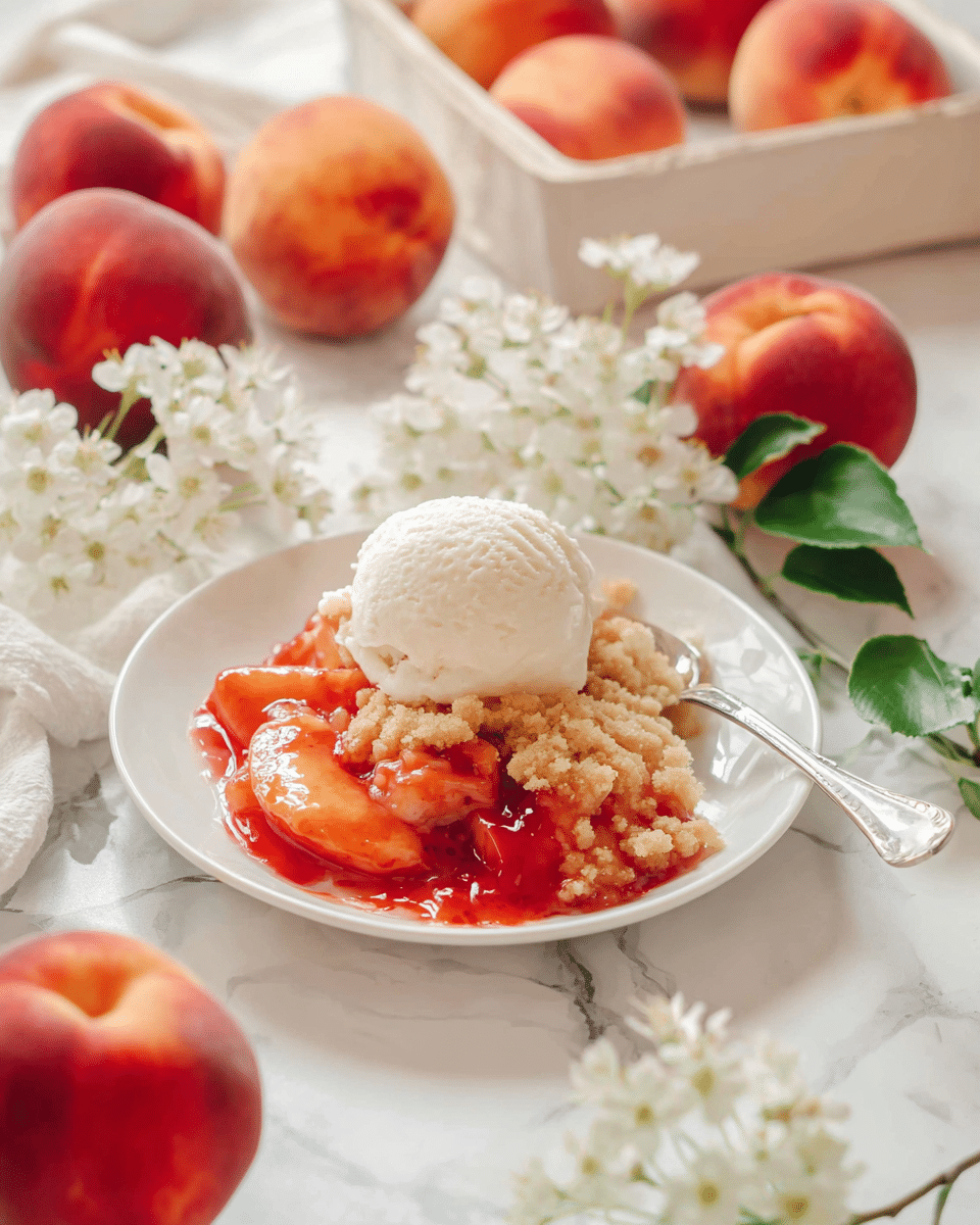 A small white plate holds a dessert with three main layers: at the bottom, glossy and soft peach slices mixed with a slightly thick red sauce; above the peach layer, a crumbly, golden-brown biscuit topping with a rough texture; on the top, a smooth, creamy scoop of white vanilla ice cream melting slightly onto the peach layer. A silver spoon rests on the right edge of the plate. Around the plate, there are bright red peaches with green leaves and delicate white flowers scattered on a white marbled surface. The scene is bright and soft, with a box of more peaches blurred in the background. Photo taken with an iphone --ar 4:5 --v 7