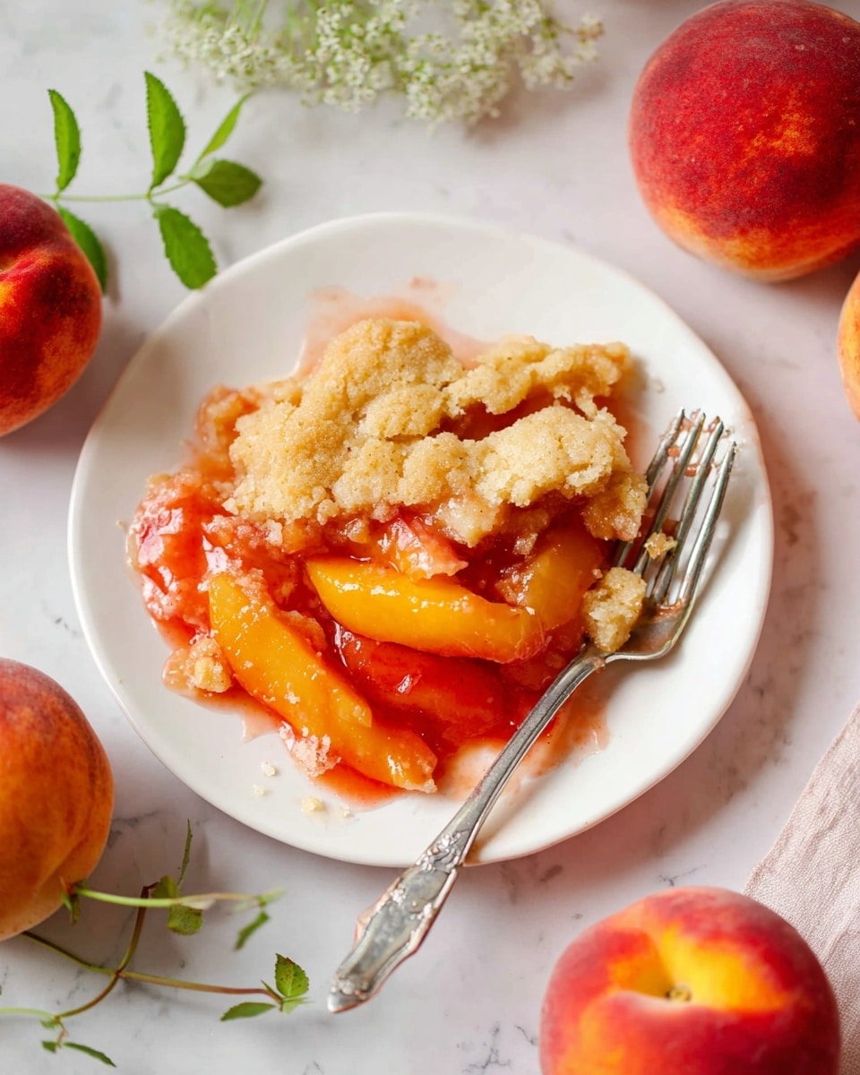 A white plate holds a serving of peach cobbler with two main layers: the bottom layer has soft, juicy peach slices in bright orange and red syrup, shiny and thick, while the top layer is a crumbly, light golden crust with a slightly rough texture, broken in places to show the fruit beneath. A silver fork rests on the right edge of the plate, all sitting on a white marbled surface with fresh whole peaches and small green plant stems around the plate, creating a fresh and inviting scene. photo taken with an iphone --ar 4:5 --v 7