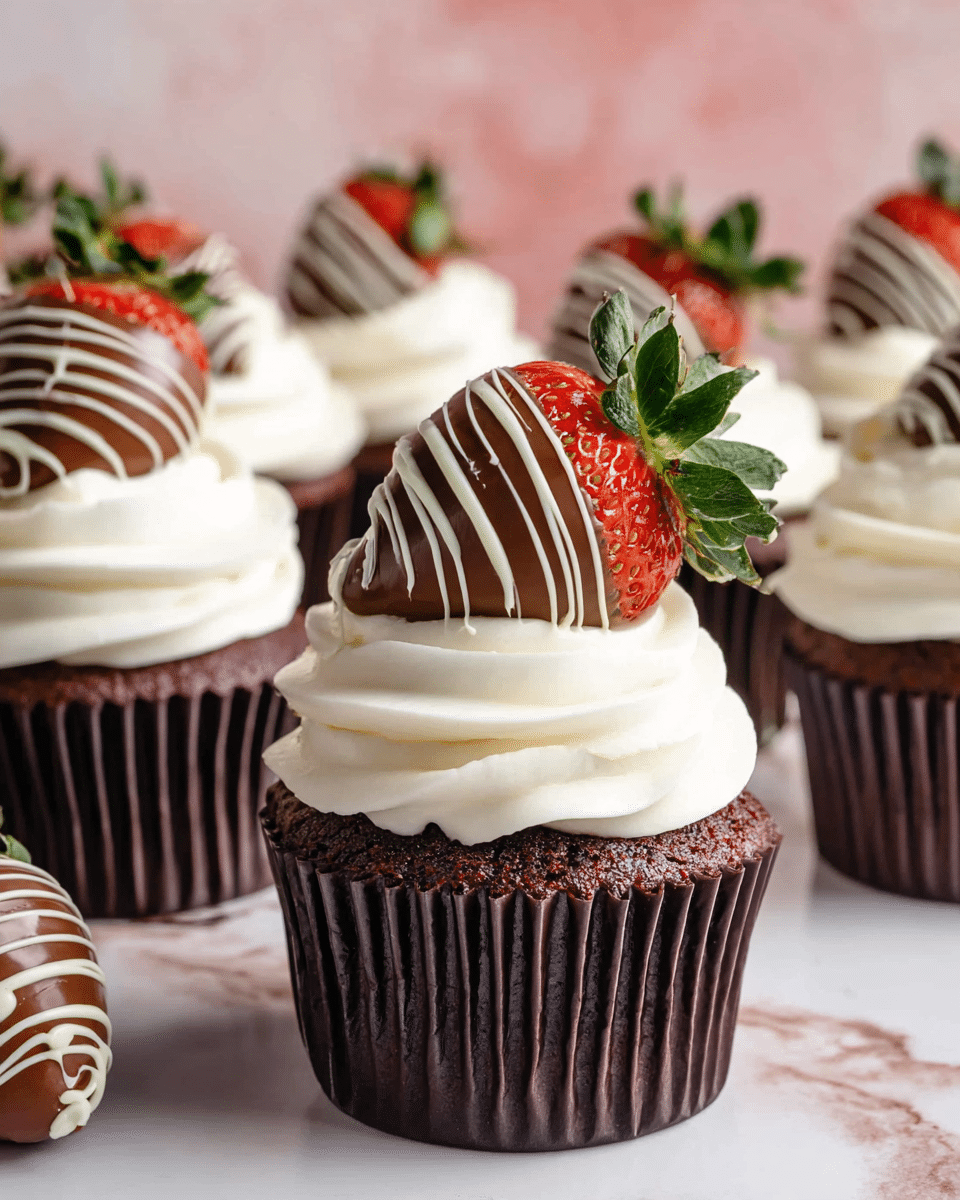 The image shows several chocolate cupcakes wrapped in dark brown paper liners, each topped with a thick, smooth swirl of white cream frosting. On top of the frosting, there is a large strawberry dipped halfway in milk chocolate, decorated with white chocolate drizzles forming elegant lines. The strawberries are fresh with green leafy tops intact, adding a pop of color. The cupcakes are arranged on a white marbled surface with a soft pink and white blurred background. photo taken with an iphone --ar 4:5 --v 7