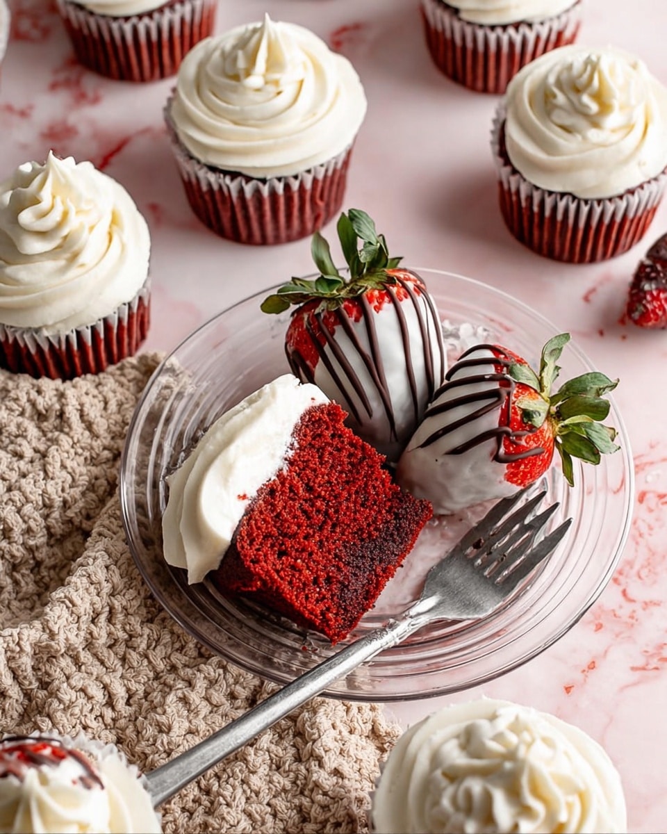 A clear glass plate holds a red velvet cupcake cut in half, showing its soft, moist red cake inside topped with a thick layer of smooth white frosting. On the plate next to the cupcake halves is a fresh red strawberry covered in white and dark chocolate drizzle with a green leafy top. A silver fork rests beside the cupcake halves on the plate. Around the plate are whole red velvet cupcakes in white paper liners, each topped with swirled white frosting and a chocolate-covered strawberry with the same white and dark chocolate drizzle. The background is a soft pink surface with a beige textured cloth nearby, all set on a white marbled texture. photo taken with an iphone --ar 4:5 --v 7