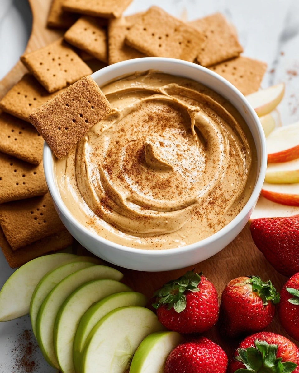 A white bowl filled with a smooth, creamy light brown dip sprinkled with a light dusting of cinnamon on top, with three square cinnamon graham crackers partially dipped into it. Around the bowl, on a white marbled surface, there are several more cinnamon graham crackers, while on a wooden board beneath the bowl, slices of green apple and red apple pieces are arranged, with fresh red strawberries on the lower right side. The dip has a soft swirl texture on top showing gentle waves and dips. photo taken with an iphone --ar 4:5 --v 7