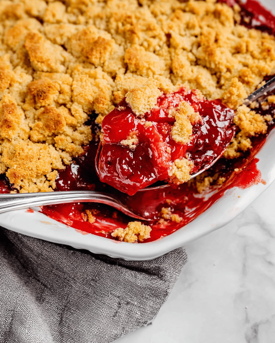 A close-up view of a white baking dish filled with a fruit crumble dessert. The dessert has two layers: a bright red, glossy fruit filling at the bottom, visible where some crumble is scooped out, and a thick, golden-brown crumbly topping layer that is rough and cracked. Part of the crumble is being lifted with a shiny silver spoon, showing the contrast between the juicy red fruit layer and the crumbly golden top. The dish sits on a white marbled surface with a piece of grey cloth partly visible underneath. Photo taken with an iphone --ar 4:5 --v 7