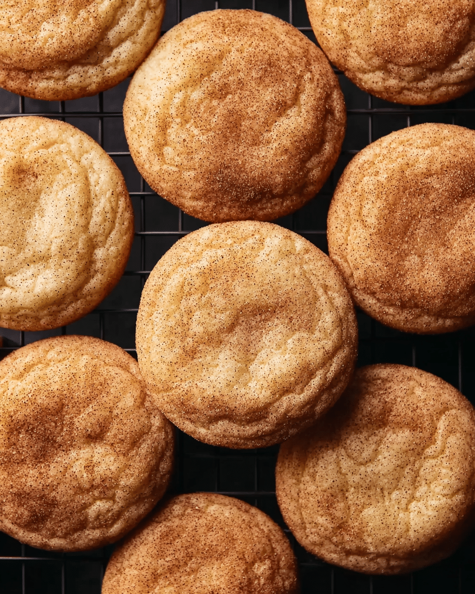 A group of round snickerdoodle cookies with a light golden-brown color are placed close together on a black cooling rack. Each cookie has a slightly cracked, soft texture surface covered with a dusting of cinnamon sugar, giving them a warm, speckled look. The cookies vary slightly in size but all have a flat, slightly puffy appearance. The black rack contrasts with the cookies, making their light color stand out clearly. photo taken with an iphone --ar 4:5 --v 7
