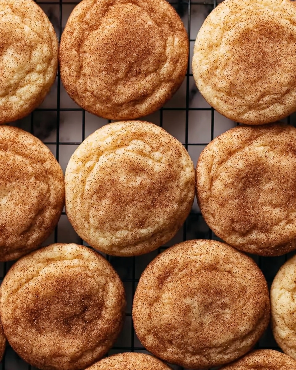The image shows a close-up view of soft, round snickerdoodle cookies arranged closely together on a black cooling rack. Each cookie is golden brown with a slightly cracked surface and has a light dusting of cinnamon sugar, giving the top a textured, speckled look. The edges of the cookies are slightly darker than the soft, lighter centers, showing a gentle contrast in color and texture. The black grid of the cooling rack contrasts with the warm tones of the cookies, and the white marbled texture is visible underneath through the black spaces of the rack. photo taken with an iphone --ar 4:5 --v 7