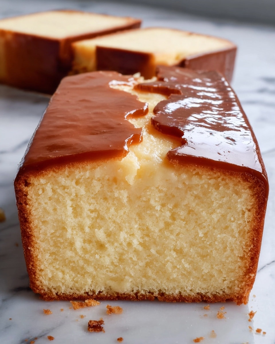 The image shows a close-up of a rectangular cake with two clear layers. The bottom layer is a thick, dense, light yellow cake with a soft texture. The top layer is a thin, shiny, smooth brown crust that slightly cracks and peels in the middle, revealing the creamy cake beneath. The cake sits on a white marbled surface with a few crumbs near the base, and part of another slice is visible in the background. photo taken with an iphone --ar 4:5 --v 7