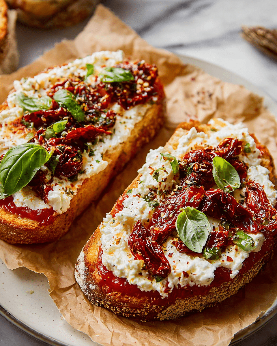 Two slices of toasted bread are on a piece of brown parchment paper resting on a white plate, which is placed on a white marbled surface. Each slice has three main layers: a bottom crunchy, golden-brown toast base, a middle layer of bright red tomato sauce spread evenly, and a top layer of white, creamy cottage cheese. On top of the cheese, there are scattered dark red sun-dried tomatoes and fresh green basil leaves. Some seasoning is sprinkled over the top, adding texture and color contrast. Photo taken with an iphone --ar 4:5 --v 7
