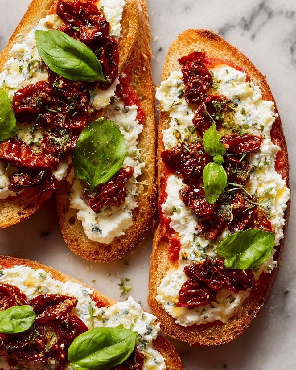 Three slices of toasted bread lie on a white marbled surface, each topped with four visible layers: a base of bright red tomato sauce spread thinly, a thick layer of creamy white ricotta cheese with a soft texture, scattered dark red sun-dried tomato pieces with a wrinkled appearance, and fresh green basil leaves placed on top. Each slice is sprinkled lightly with dried herbs and a few grains of sea salt, adding texture and detail. The colors are vibrant and the layers contrast well against the toasted golden-brown edges of the bread. Photo taken with an iphone --ar 4:5 --v 7