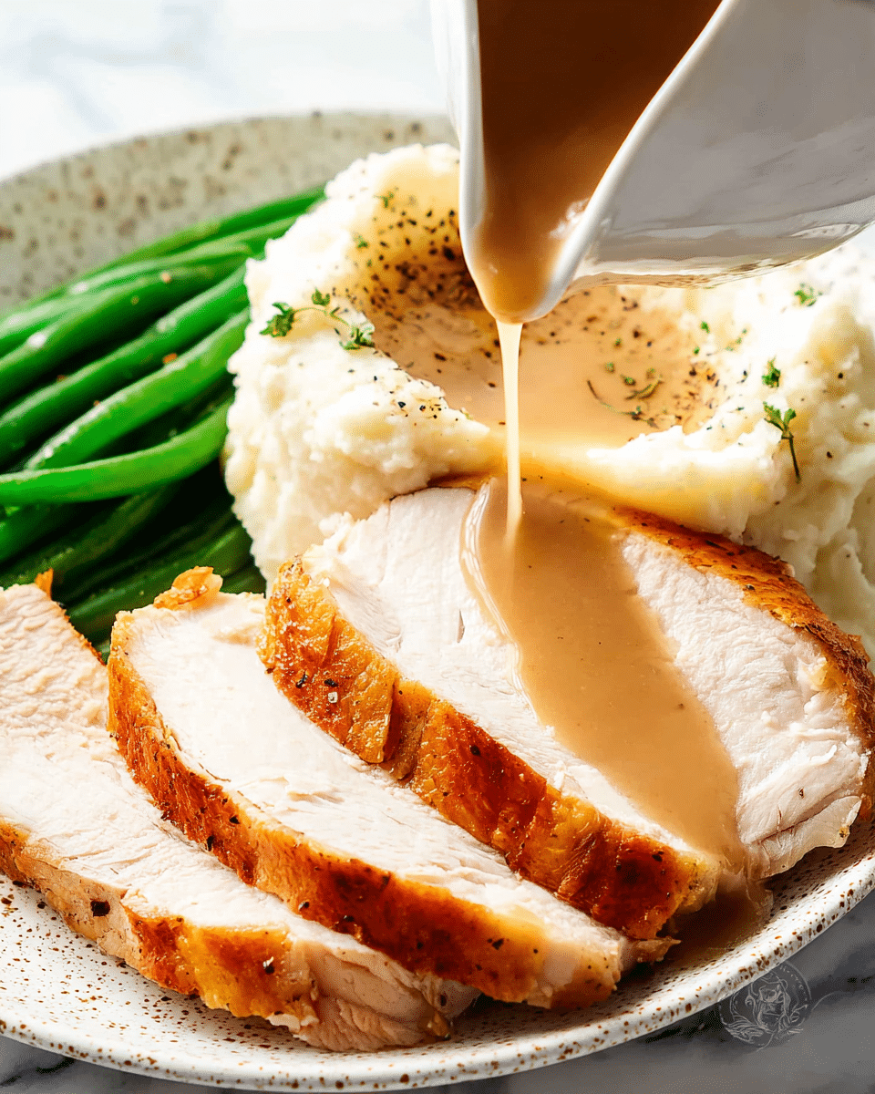 The dish shows three thick slices of roasted turkey breast with light brown crispy skin on the right side of a white speckled plate. The juicy white meat has smooth, fibrous texture. Light brown gravy is being poured from a white gravy boat over the turkey slices, creating a shiny wet layer. Behind the turkey, there is a soft mound of white mashed potatoes with a small indentation filled with gravy, sprinkled lightly with green herbs and black pepper. At the top of the plate, bright green cooked green beans add color contrast. The plate sits on a white marbled surface. Photo taken with an iphone --ar 4:5 --v 7